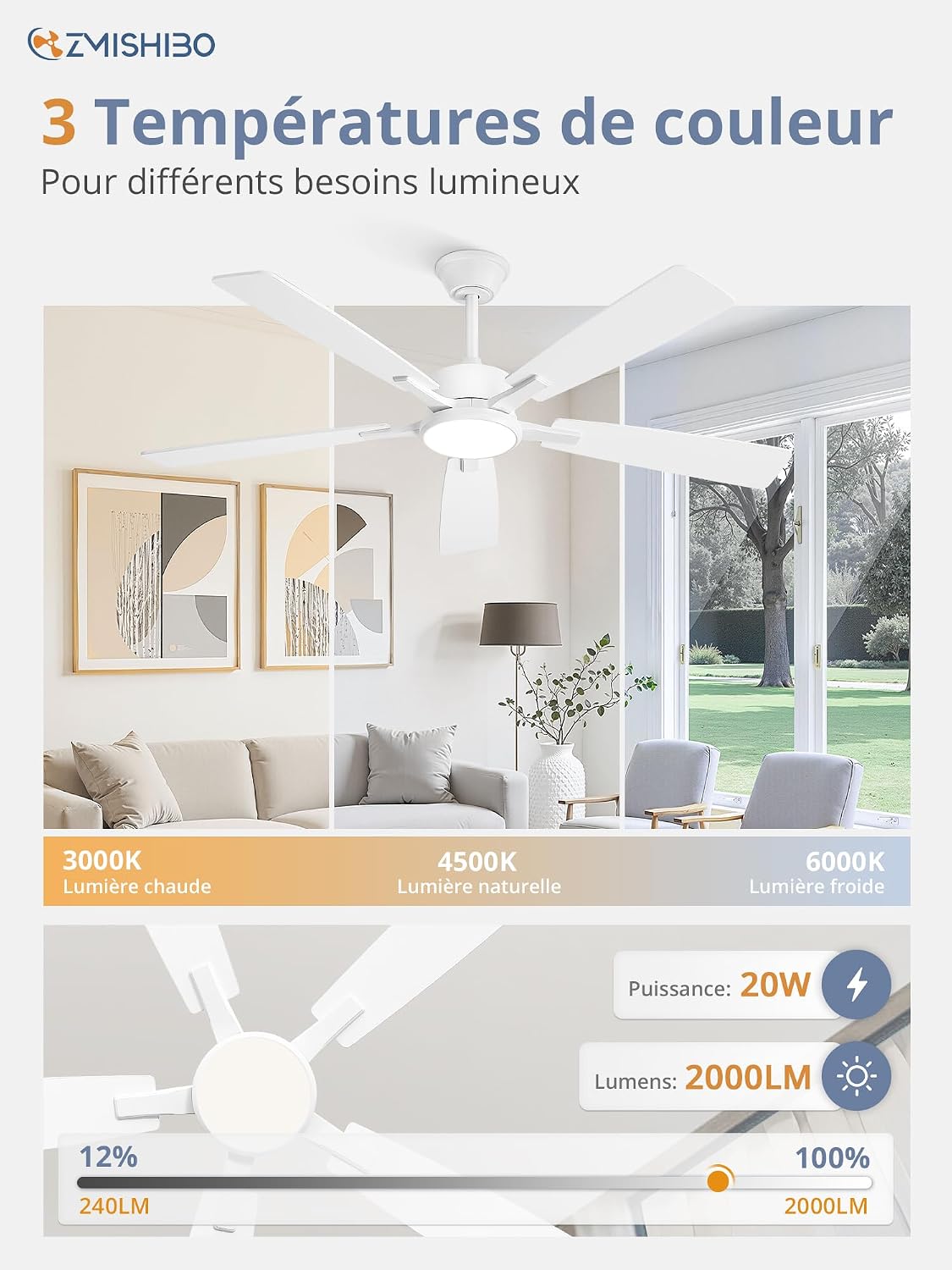 ZMISHIBO Ventilateur de plafond avec lumière 132 cm, Plafonnier ventilateur, APP et télécommande, Moteur DC silencieux, Réversible, 5 pales, LED 3CCT dimmable