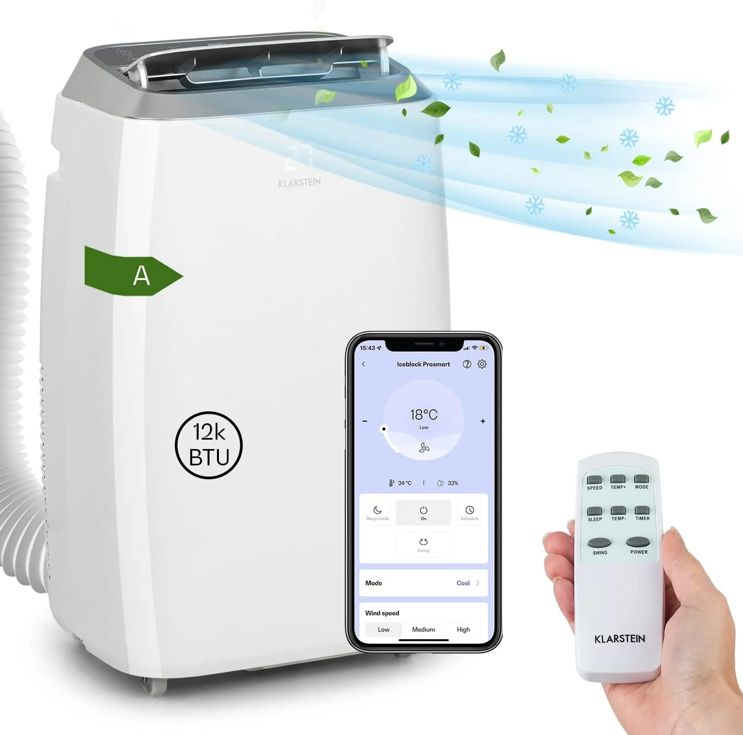 Klarstein Mobiele Airconditioning met Afvoerslang, 3-in-1 Airco met Ventilator, Luchtontvochtiger & Nachtmodus, Kleine & Draagbare Airco voor Thuis & Kantoor, 12000 BTU Laag Verbruik