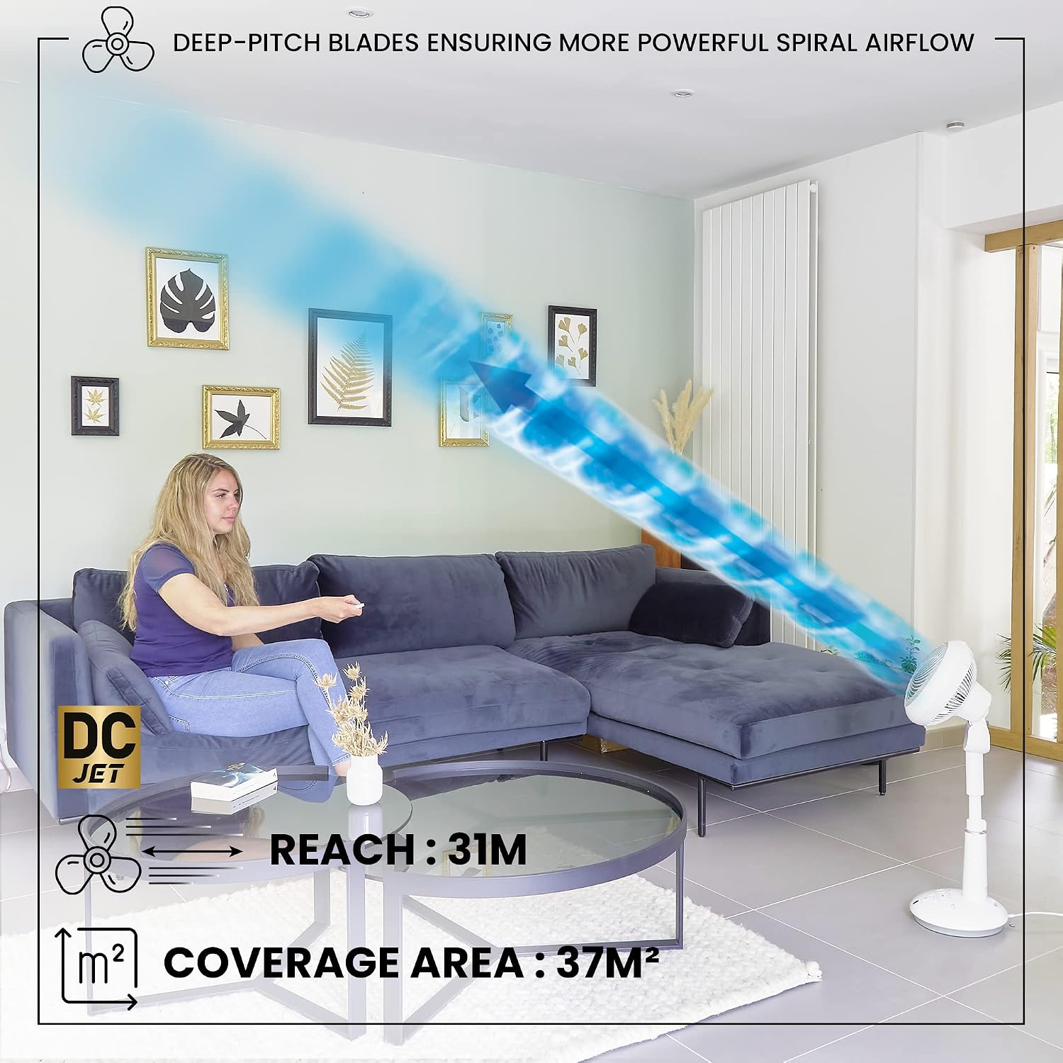 Iris Ohyama Woozoo, Ventilateur sur Pied, 37㎡, Blanc, 10 Vitesses, Télécommande, Moteur DC, Silencieux 25 dB Mode Nuit, Oscillation Multidirectionnelle, Minuterie 8h, Puissant, STF-DC15T