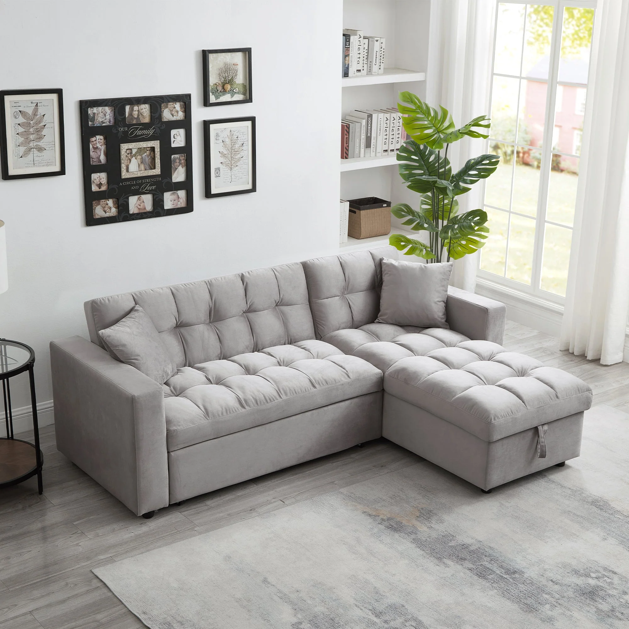 2025 Luxe Velvet Hoekbedbank met Kussen | Rechthoekige Chaise, Uittrekbaar Bed en Opbergruimte ?C SKU: BT2480B