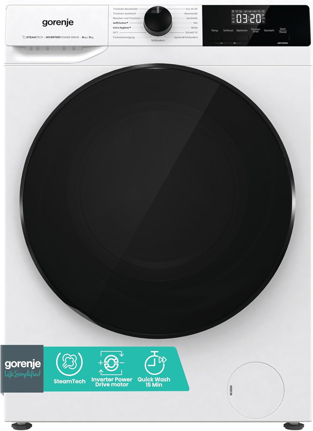 Gorenje WDAM 854 AP Waschtrockner mit Dampffunktion / 8 kg / 1400 U / 15 Programme/Aqua Stop/Inverter PowerDrive Motor/Kindersicherung/QuickDry/weiß