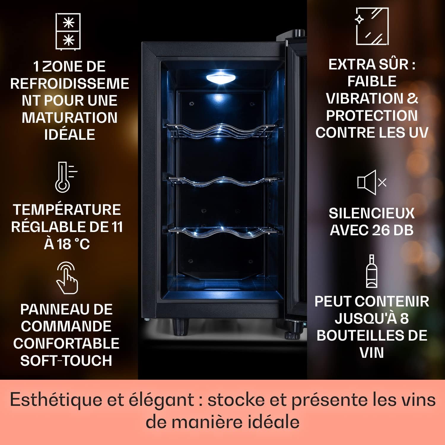 KLARSTEIN Cave a Vin, Réfrigérateur Bar/à Vin sur Pieds avec Porte en Verre, Cave à Vin de Vieillissement, Prosecco, Bière, Ecran Tactile, Frigo, Protection UV, 11-18°C, 8 Bouteilles