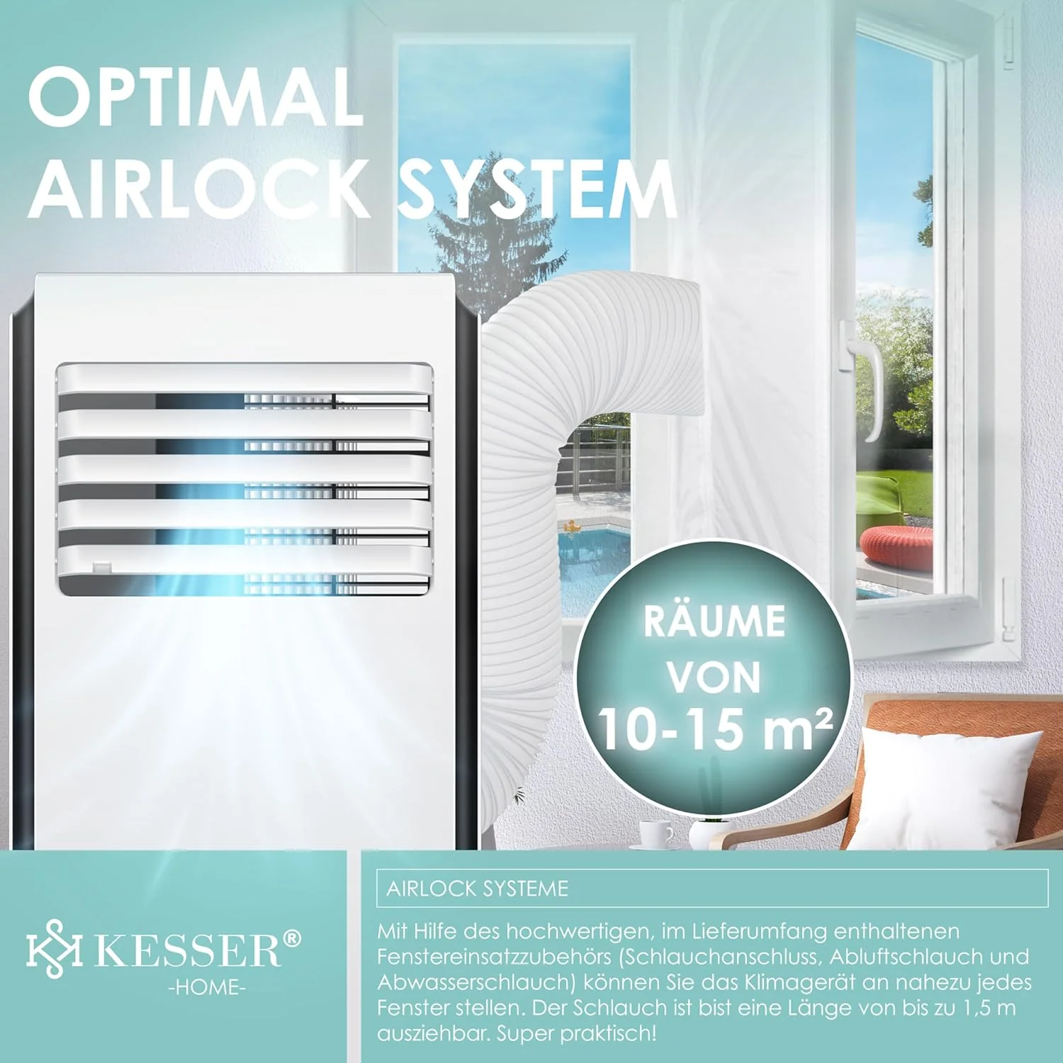 KESSER? Mobiele airco 4-in-1 koelen | Luchtontvochtiger ventileren | Ventilator 9000 BTU/u 1005W | Mobiele airconditioning met montagemateriaal, afstandsbediening & timer | Nachtmodus & 360�� wielen