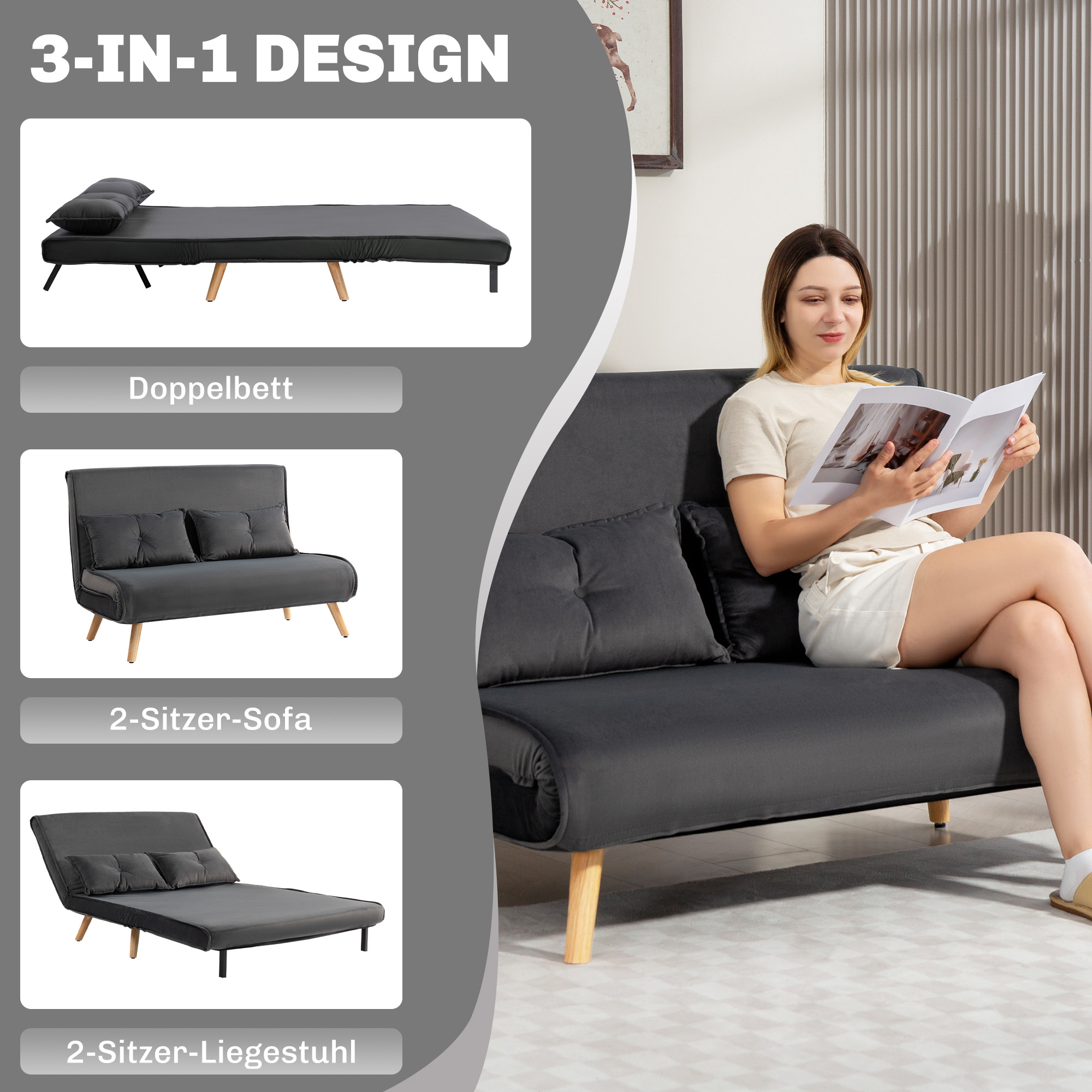 2-zits slaapbank, bedbank, om te bouwen bank met verstelbare rugleuning, stofbekleding, metalen frame, Grijs