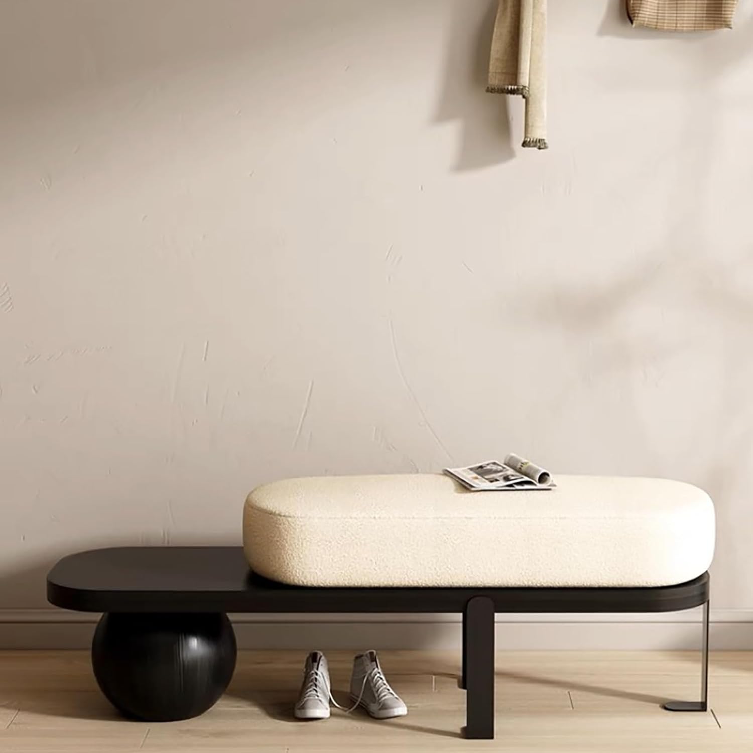 Eingangsbank aus Holz mit gepolstertem Design und abstrakten Metallbeinen, vielseitige Schuhwickelbank für Wohnzimmer und Schlafzimmer