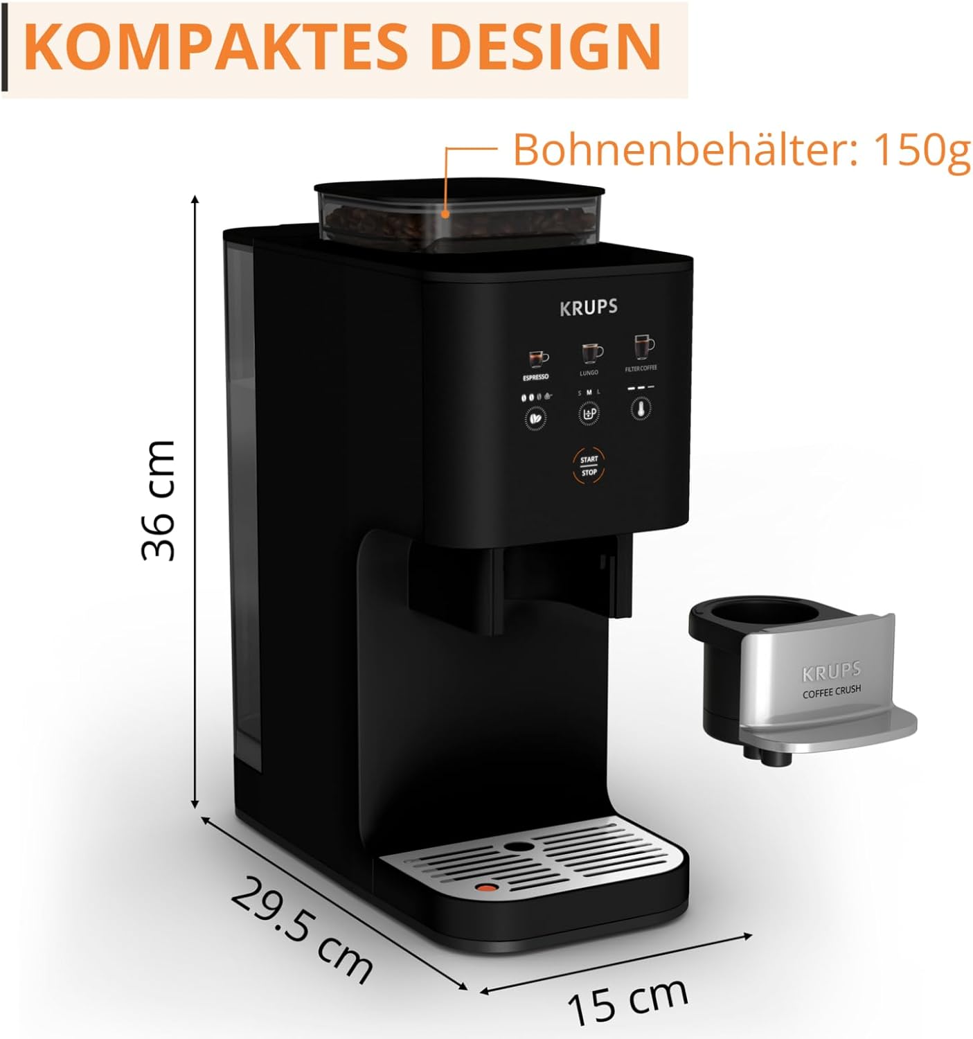 Krups Coffee Crush Extra Kaffeevollautomat, Edelstahlmühle für frisch gemahlenen Kaffee, nur 15 cm breit, smartes Bedienfeld, auch für vorgemahlenen Kaffee, einfache Reinigung, Schwarz, SA4028E0