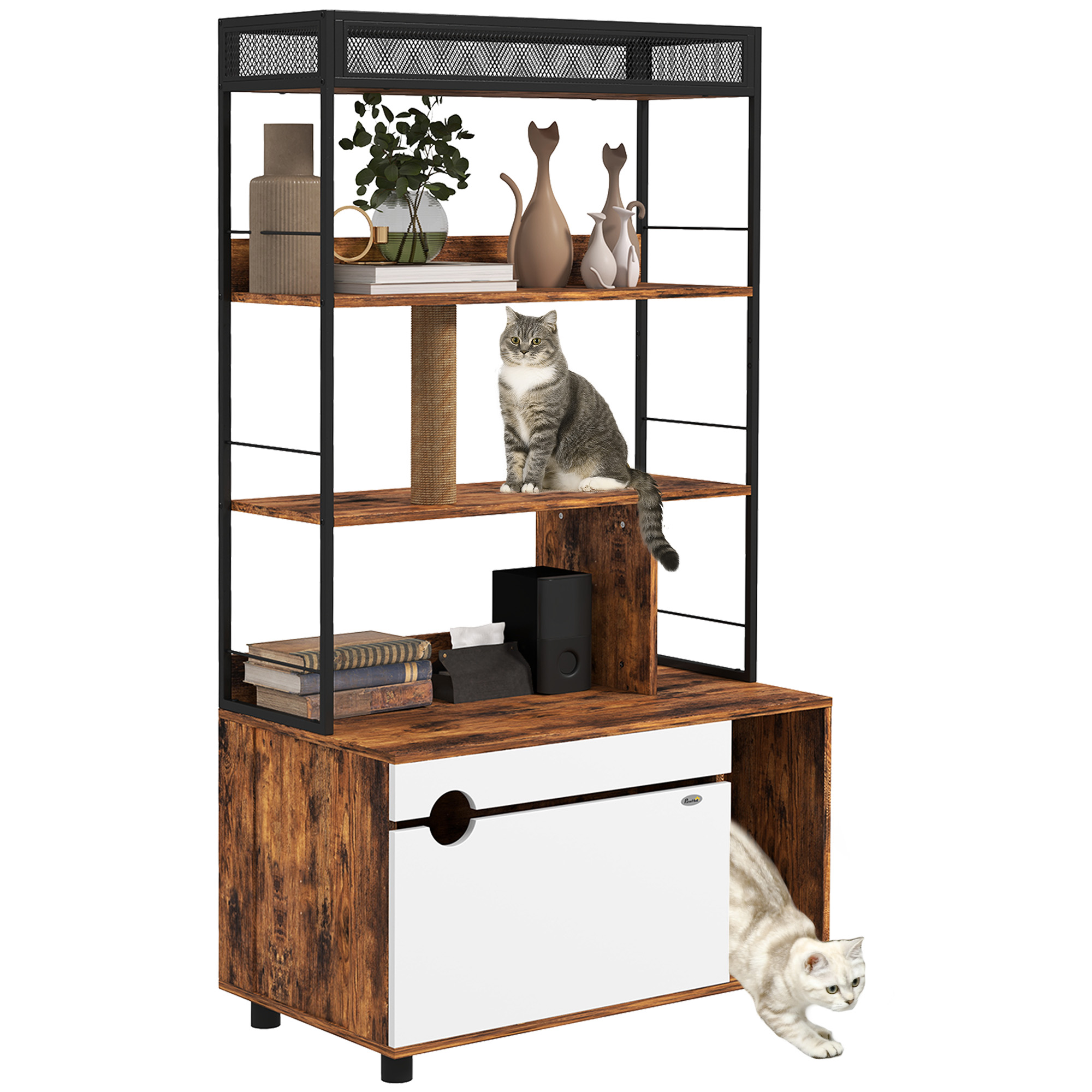 PawHut Kattenbak met 3-Niveau's Opbergrek en Krabpaal, Gesloten Kattenbak, 80 x 48 x 152 cm, Bruin