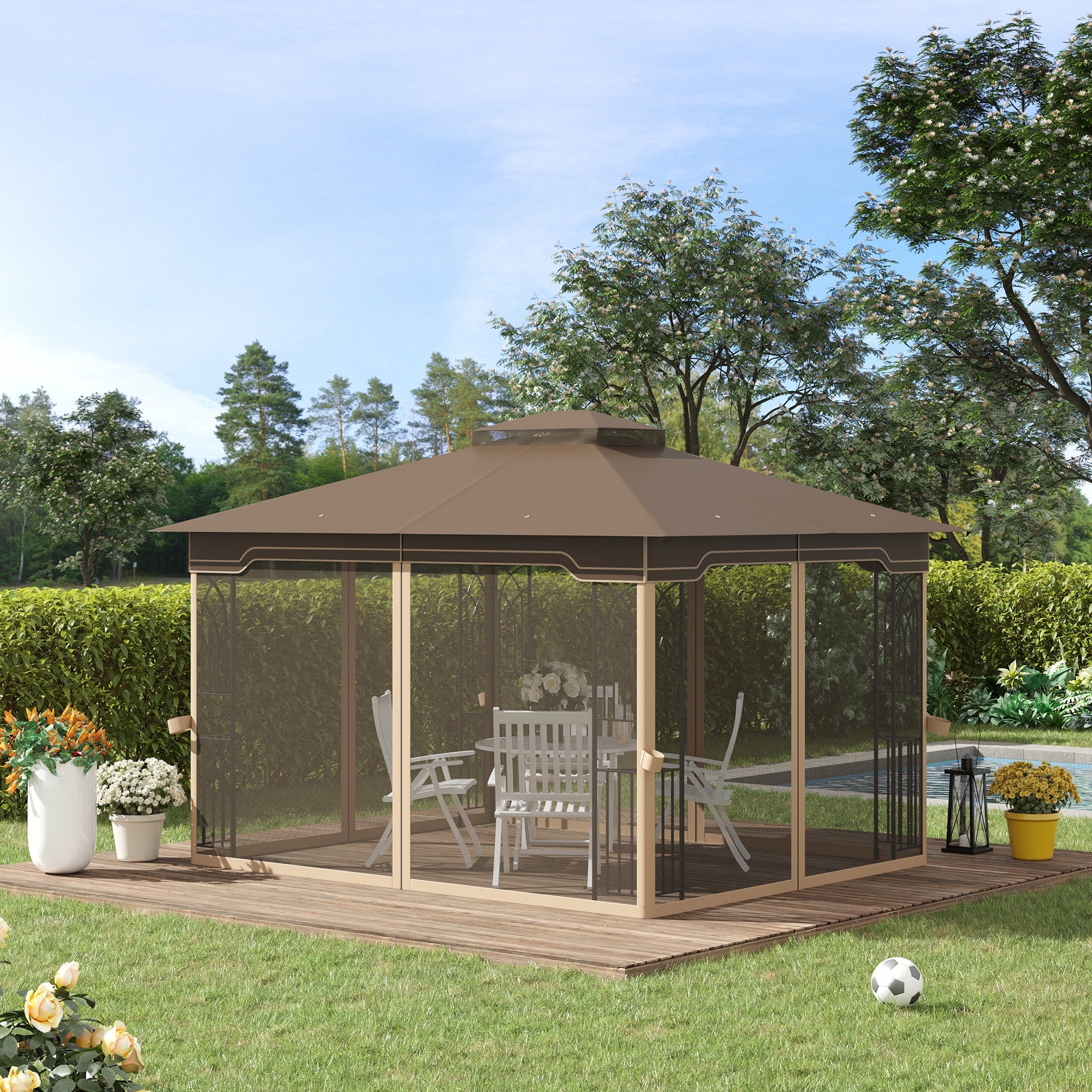 Outsunny Tuinpaviljoen 3,65 x 3 m met dubbel dak & muskietennet �C Bruin/Beige