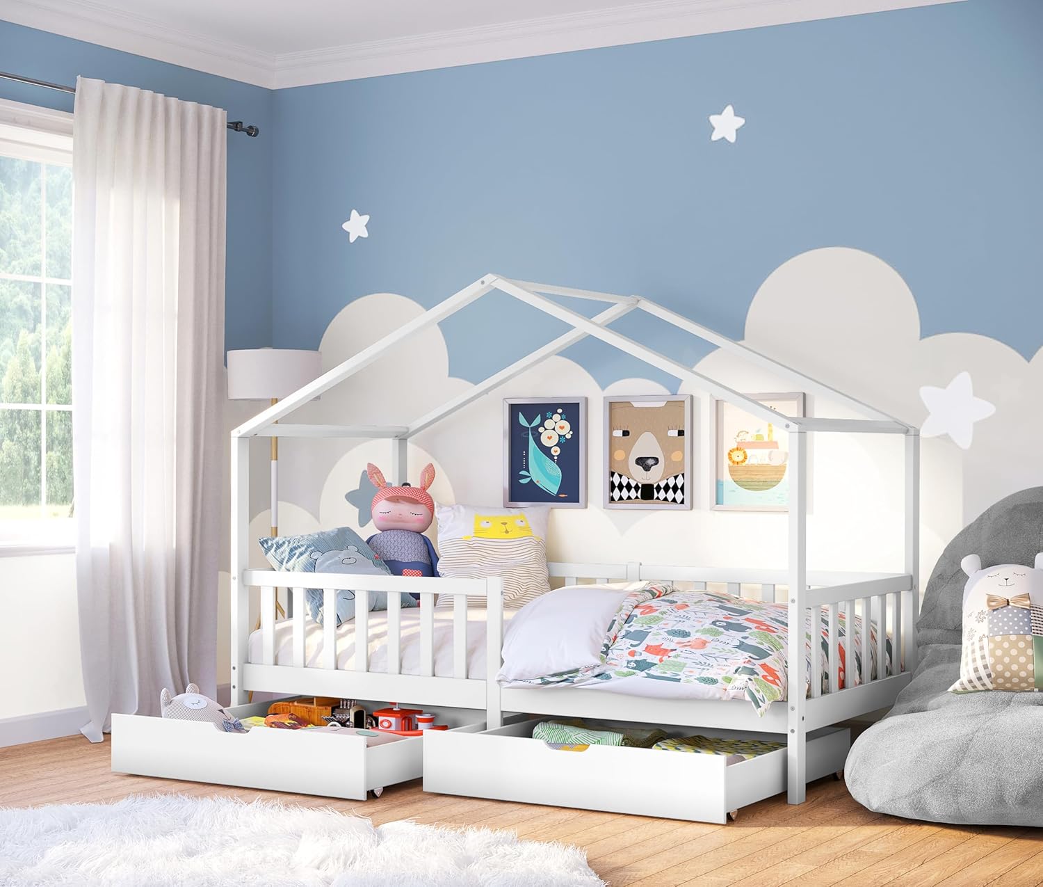 Bellabino Kinderbett Bia 140x200 cm, Hausbett Kinder inkl. Rausfallschutz und Rolllattenrost, Montessori Bodenbett weiß aus Massivholz Kiefer