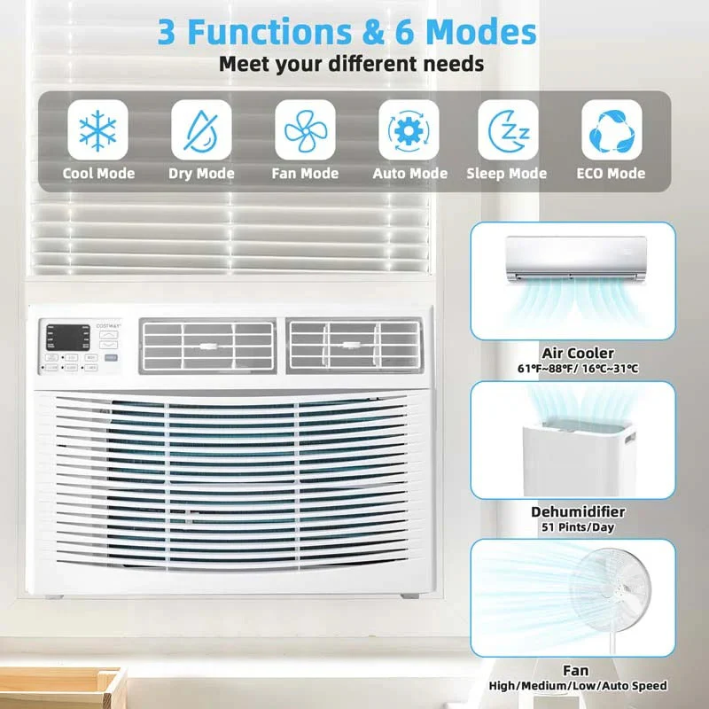 Quiet window air conditioner with 10,000 BTU, remote control, Eco mode, Energy Star certified, 3-in-1 unit with dehumidifier