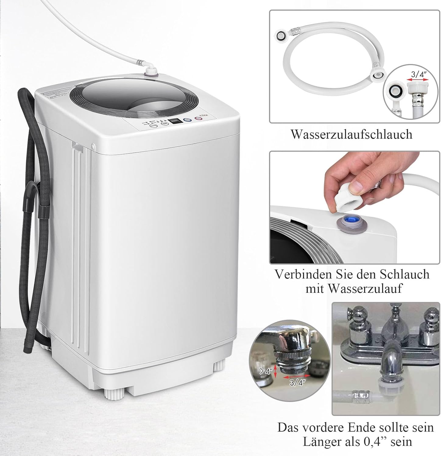 RELAX4LIFE Vollautomatische Waschmaschine 3,5 kg, Waschvollautomat mit Pump & Display, Toplader Miniwaschmaschine mit Schleuder & 6 Wasche-Modelle, 240W, für Camping & Wohnmobil, 43 x 43 x 75cm, Weiß