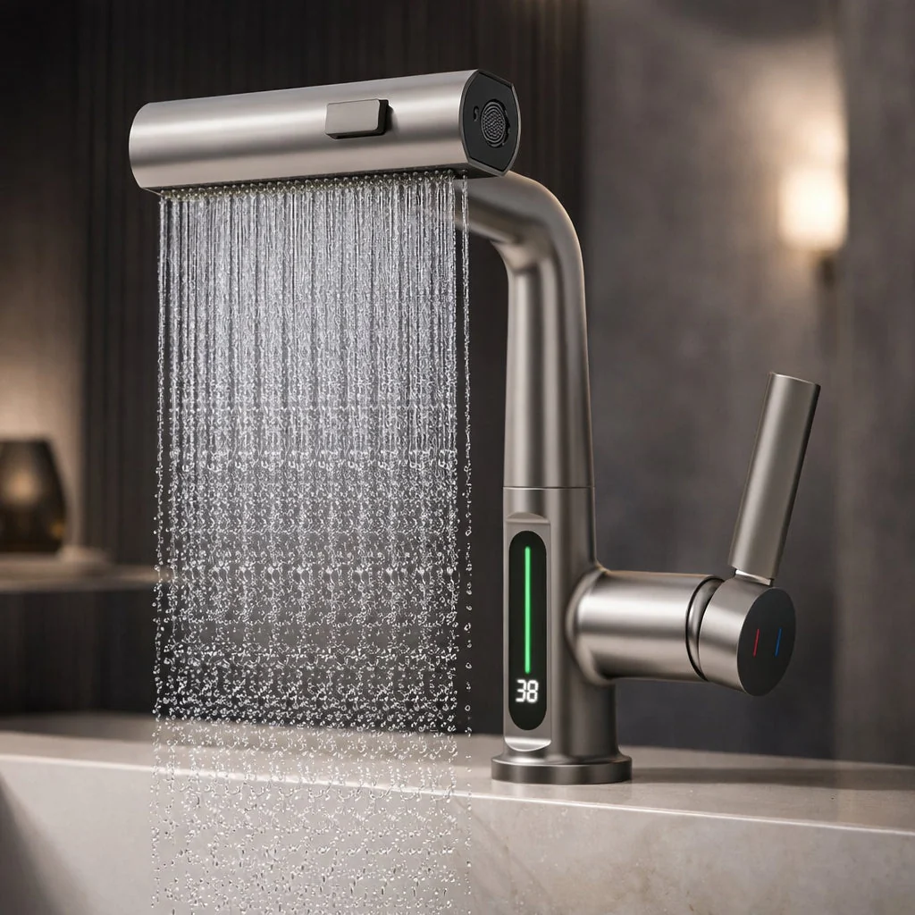Flexibler Wasserhahn mit LED-Temperaturanzeige und 5 Strahlmodi �C moderne K��chen- und Badarmatur
