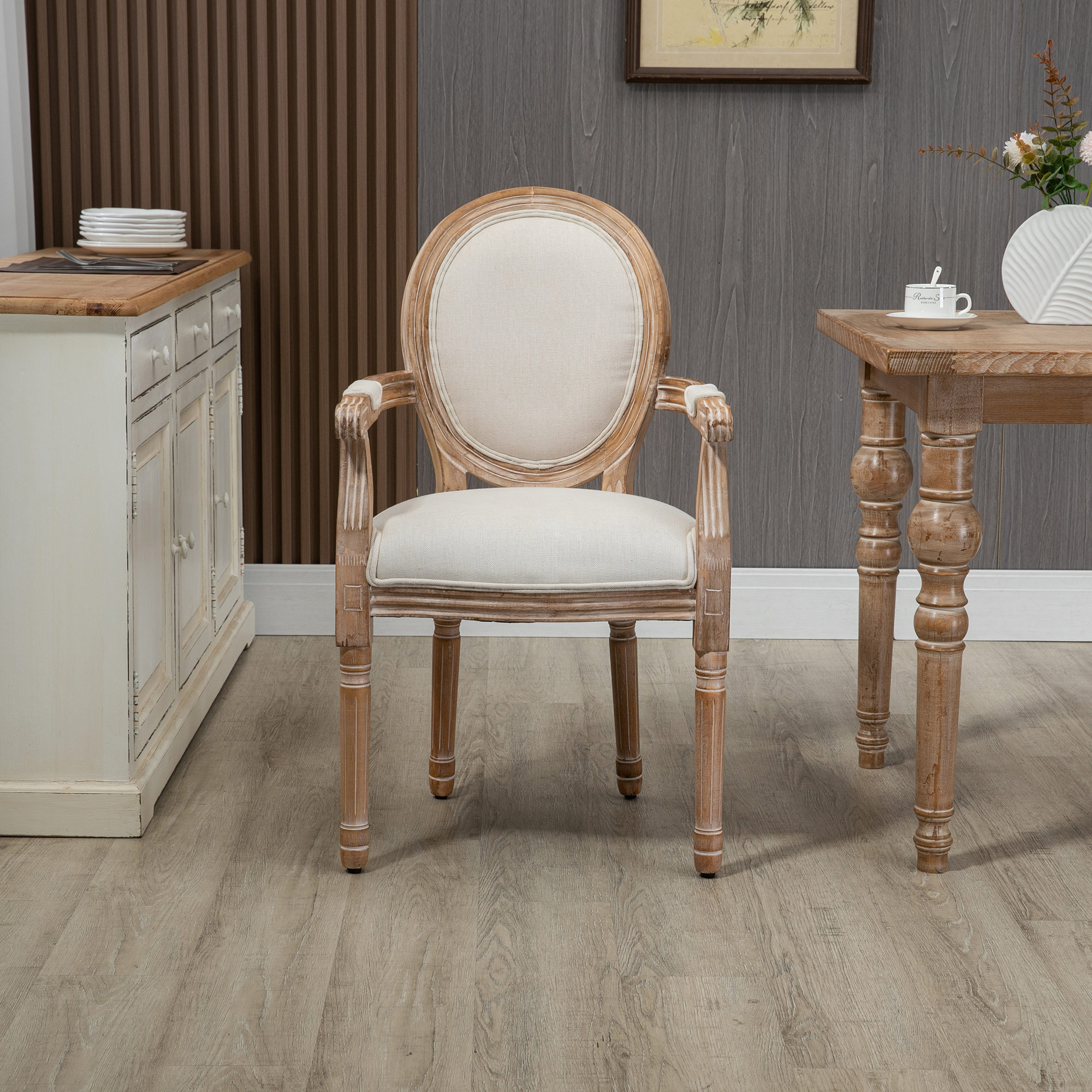 Keukenstoel in Antiek Design, Ademende Bekleding, Linnen Look, Massief Houten Frame, 56 x 54 x 96cm, Cr��mewit