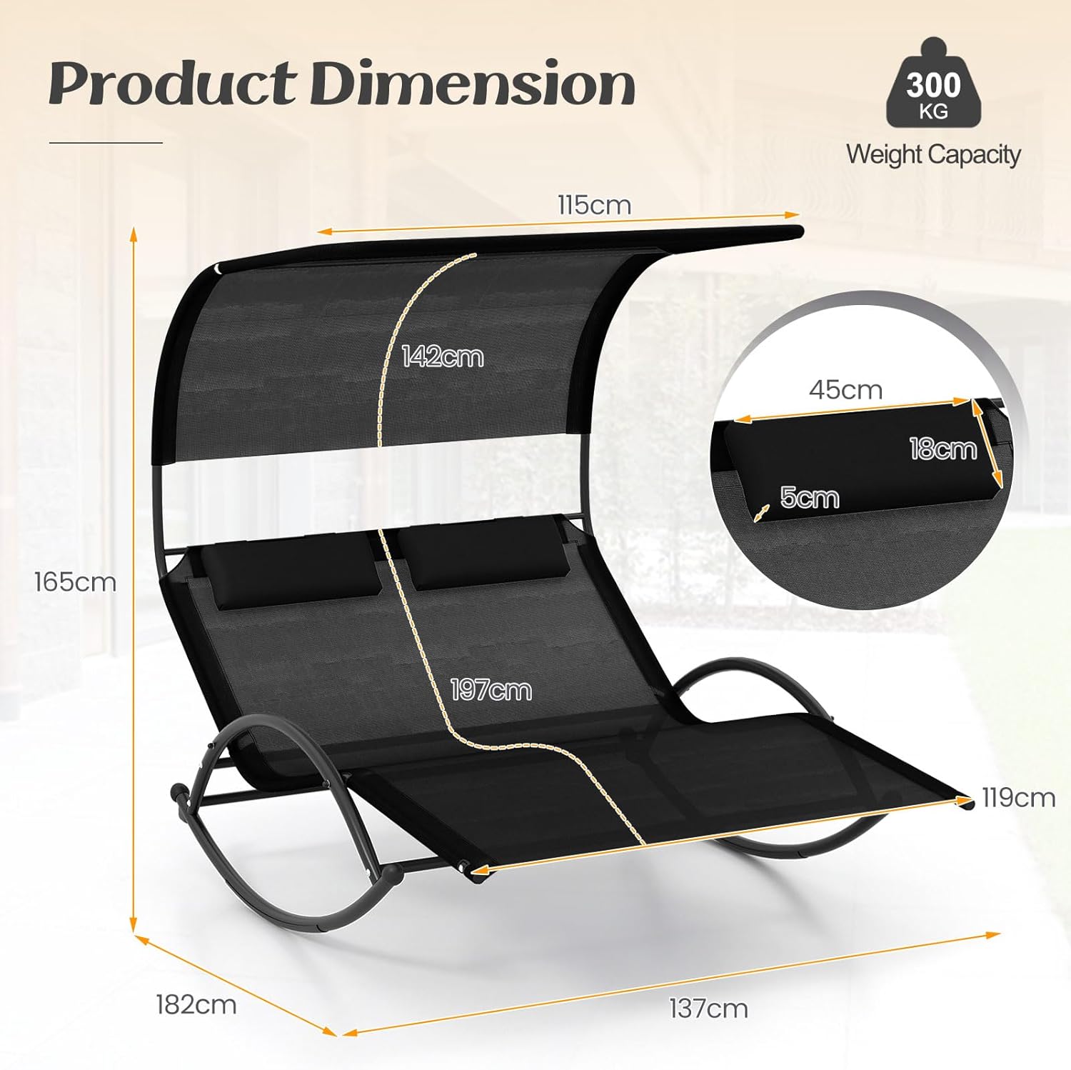 GIANTEX Sonnenliege, Doppel-Schaukelstuhl mit Dach & Kopfkissen, Outdoor Doppelliege Gartenliege, Relaxliege für 2 Personen, maximale Belastung 300kg (Schwarz)