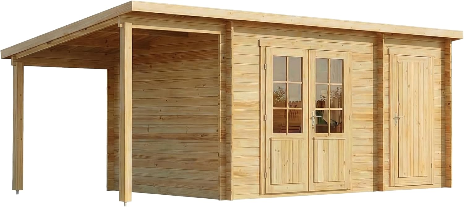 Alpholz Gartenhaus Maria mit Anbau & Schleppdach aus naturbelassenem Holz mit 40mm Wandstärke 598 x 272 cm