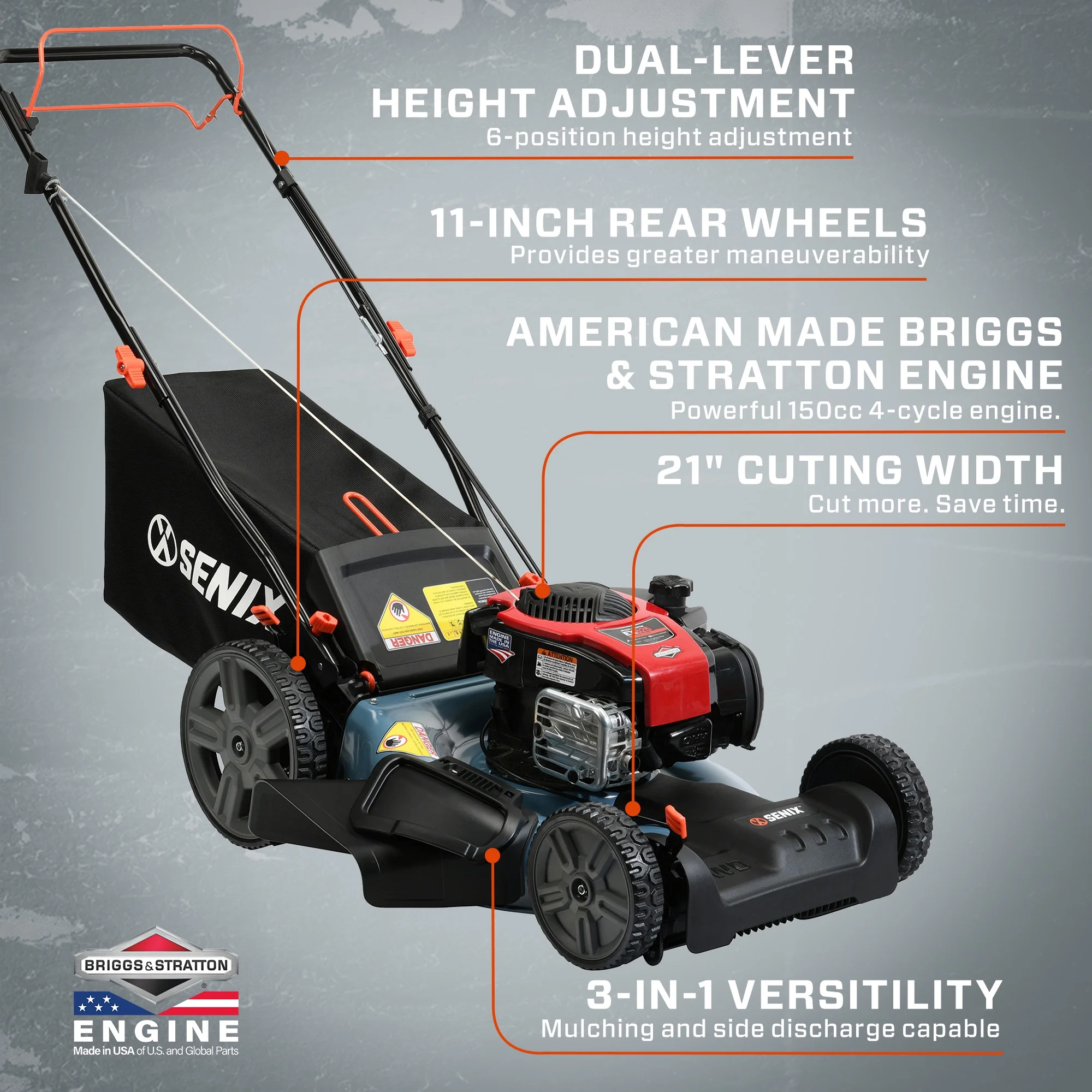 2025 SENIX Zelfaangedreven Grasmaaier, 21 Inch, Briggs & Stratton 4-Takt Motor van 150 cc, 3-in-1 Maaimachine, Enkele Snelheid, Hoogte-instelling met 6 Posities en 11 Inch Achterwielen, Model LSSG-M1, Blauw