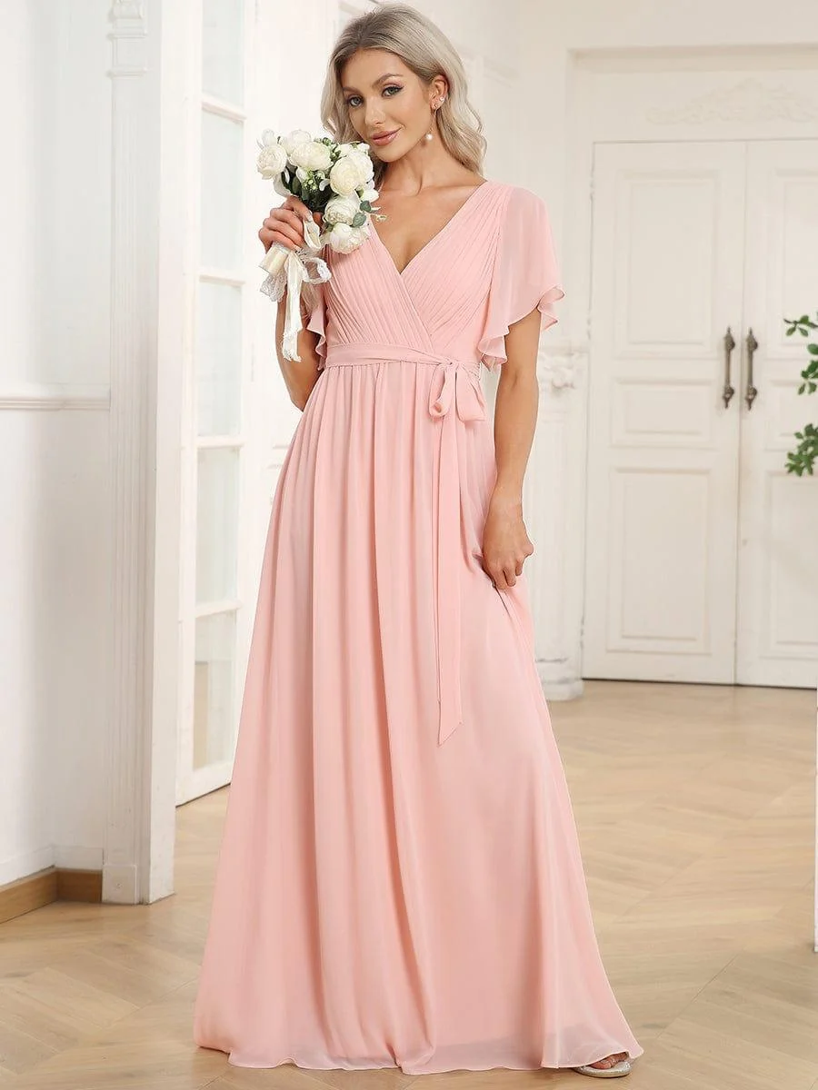 Abendkleid Damen Maxi A-Linie aus Chiffon | Festliches Kleid f��r Hochzeitsg?ste mit V-Ausschnitt und Fl��gel?rmeln