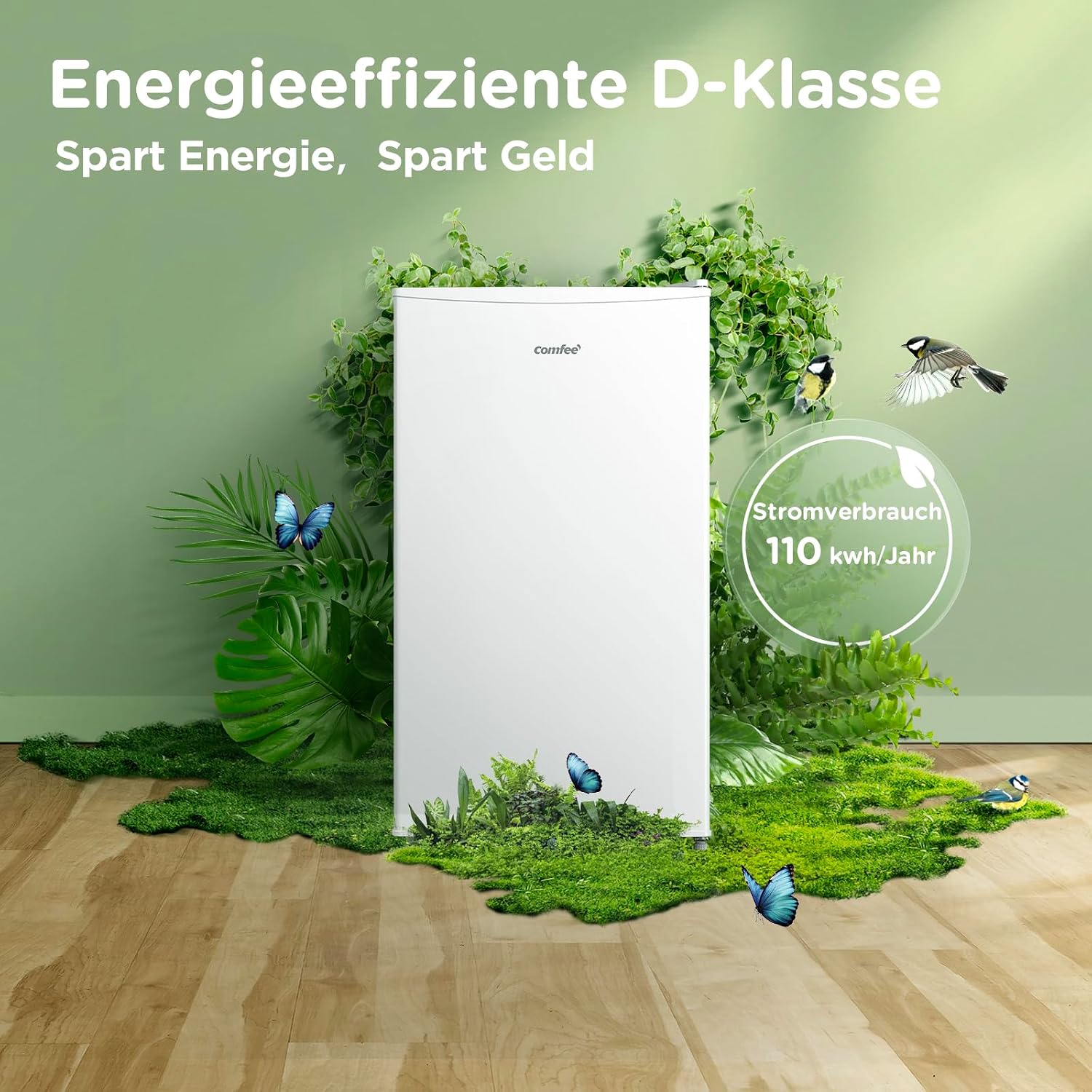 Comfee RCD80WH3(E) Kühlschrank mit Gefrierfach, 80L Kleiner Kühlschrank, Obst- und Gemüsefach, 84.5 cm Höhe, 47.5 cm Breite, 110 kWh pro Jahr, Einstellbare Temperaturregelung, verstellbare Füße, weiß