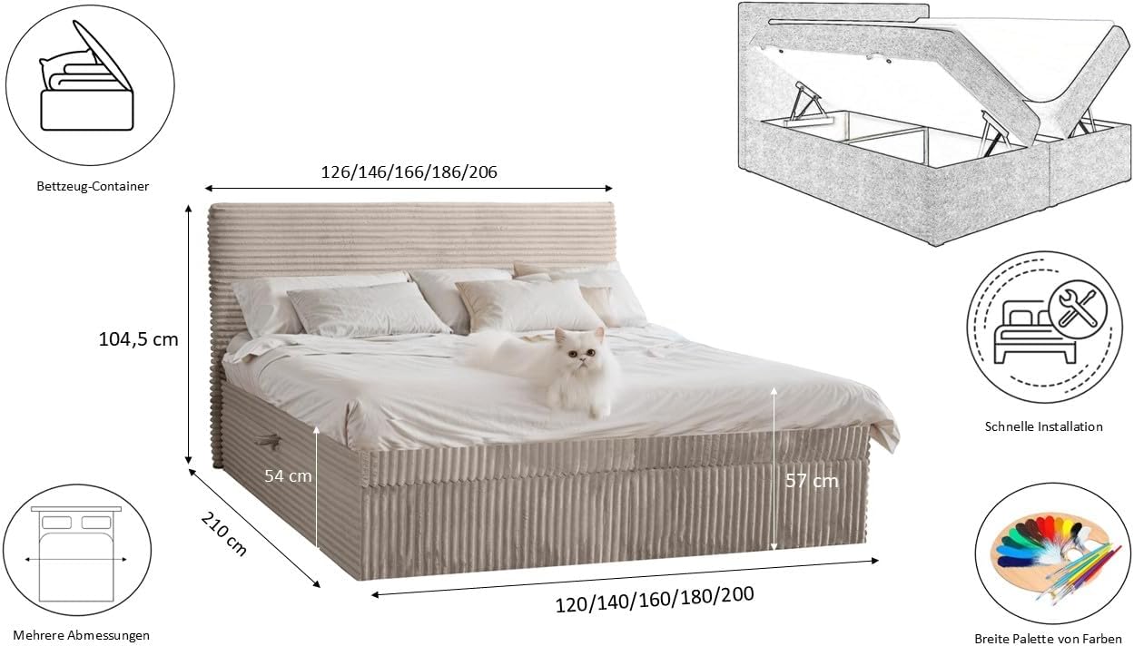 Kaiser Möbel - Bett 120x200 cm, Boxspringbett mit Bettkasten und Topper, Cord Schlafzimmerbett, Doppelbett mit Stauraum und Gepolstertes Kopfteil, Toppermatratze aus Viscoschaum - Trento - Beige