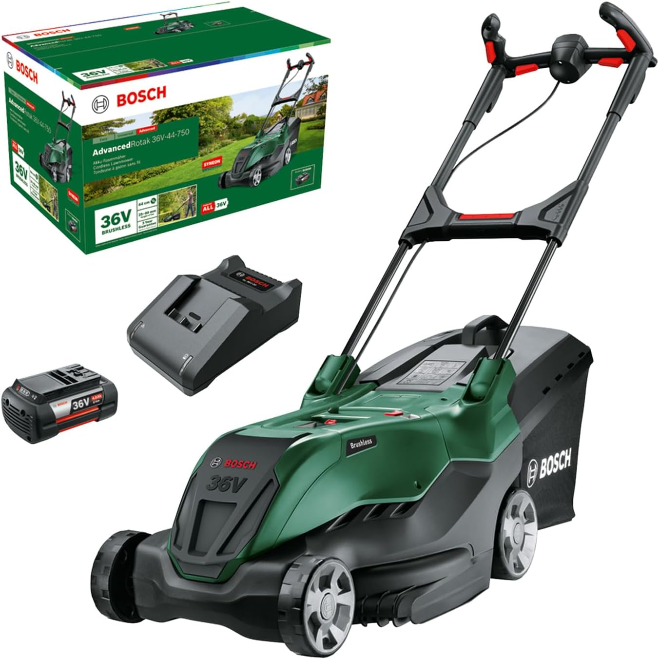 Bosch leistungsstarker Akku-Rasenmäher AdvancedRotak 36V-44-750 (zum Rasenmähen, 36-Volt-System, Schnittbreite: 44 cm, Set, mit 1x 4.0 Ah- Akku und Ladegerät)