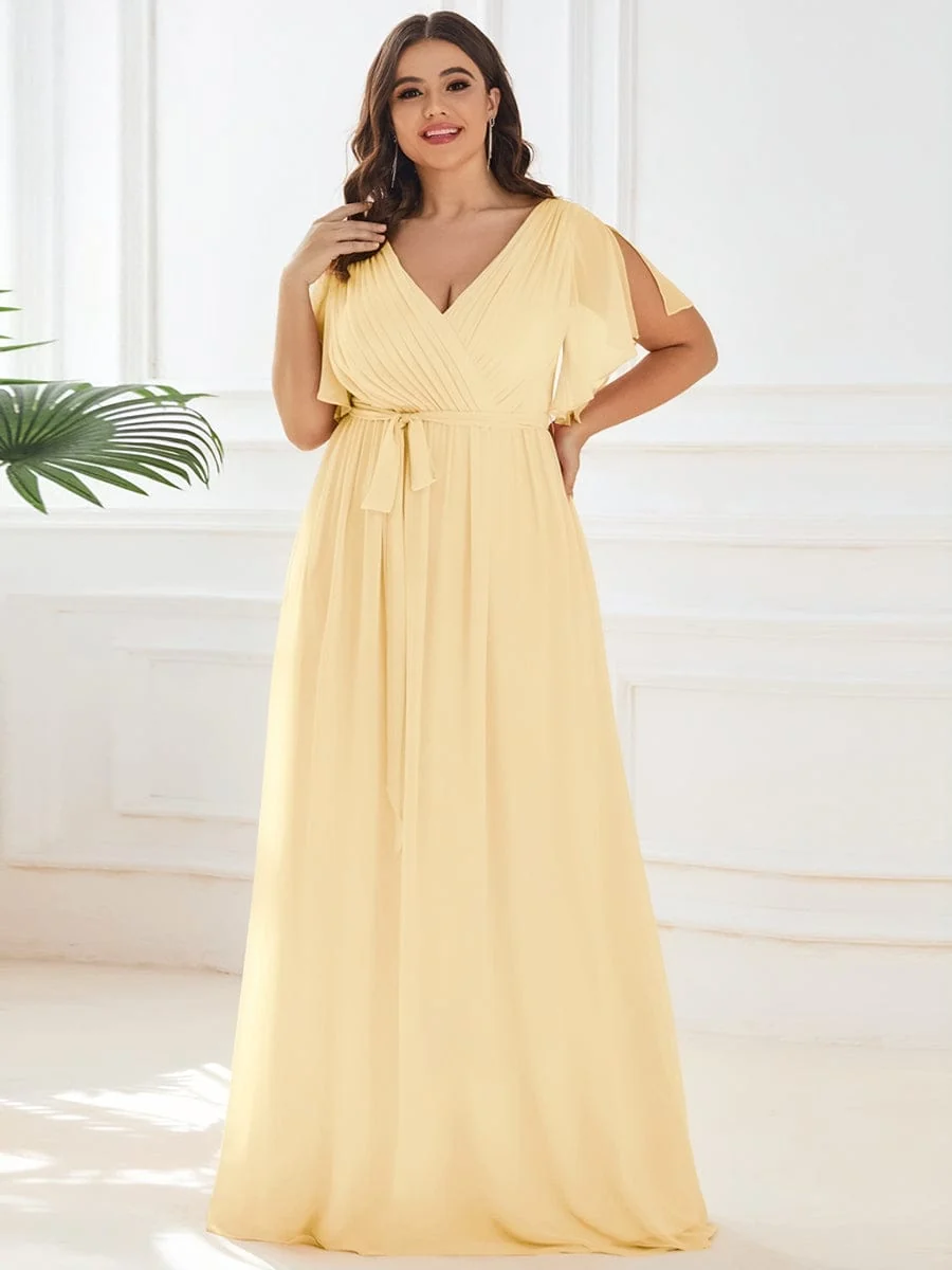Abendkleid Damen Maxi A-Linie aus Chiffon | Festliches Kleid f��r Hochzeitsg?ste mit V-Ausschnitt und Fl��gel?rmeln