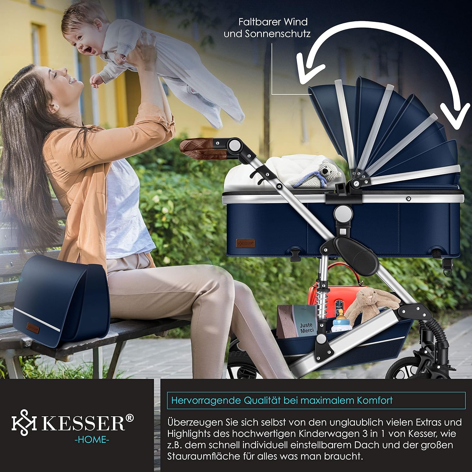 KESSER® Loops 3 in 1 Kinderwagen Kombikinderwagen Komplett-Set inkl. Babywanne & Buggy Sportsitz & Auto-Babyschale Voll-Gummireifen Wickeltasche Regenschutz Kindertisch ECE R129, Schwarz/Champagne