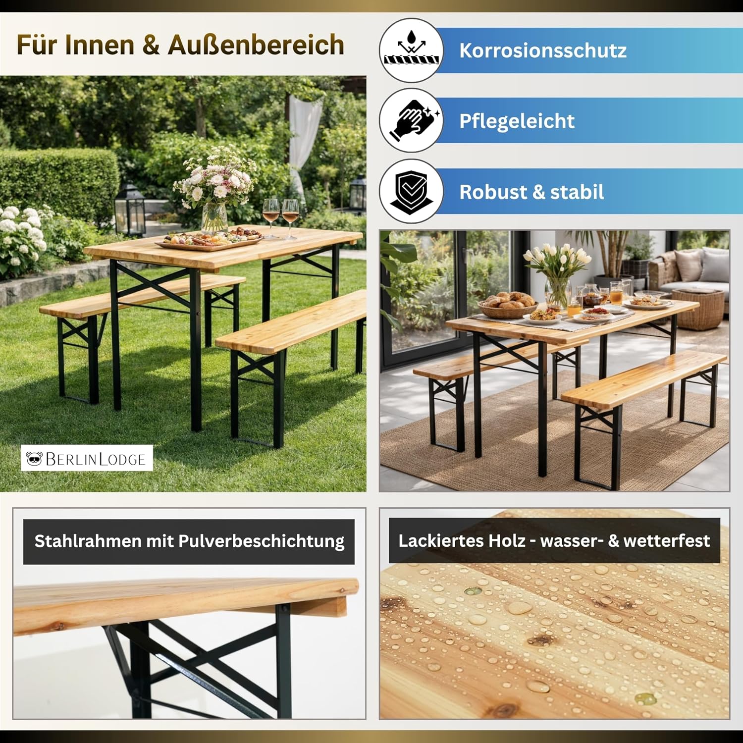 CHEFGASTRO Bierzeltgarnitur Wiesn klein & klappbar 116 cm breit 3-teilig 1x Tisch & 2X Bierbank, lackiertes Holz, Festzeltgarnitur kurz Gartenmöbel-Set Kinder Sitzgarnitur Innen & Außenbereich