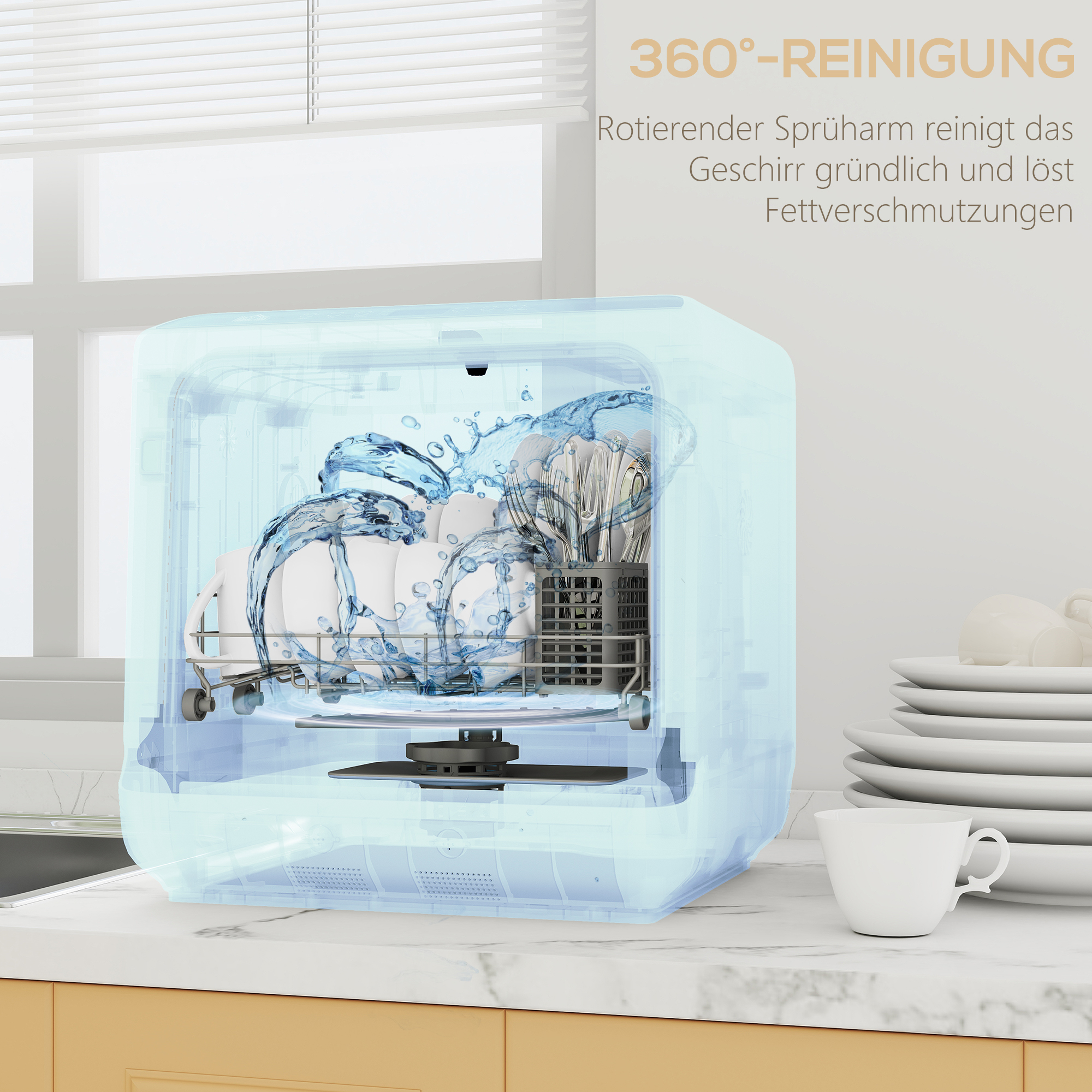 Tafelvaatwasser, Mini-Vaatwasser met 6-Liter-tank, 5 Programma's, LED-display, Droogfunctie, Wit