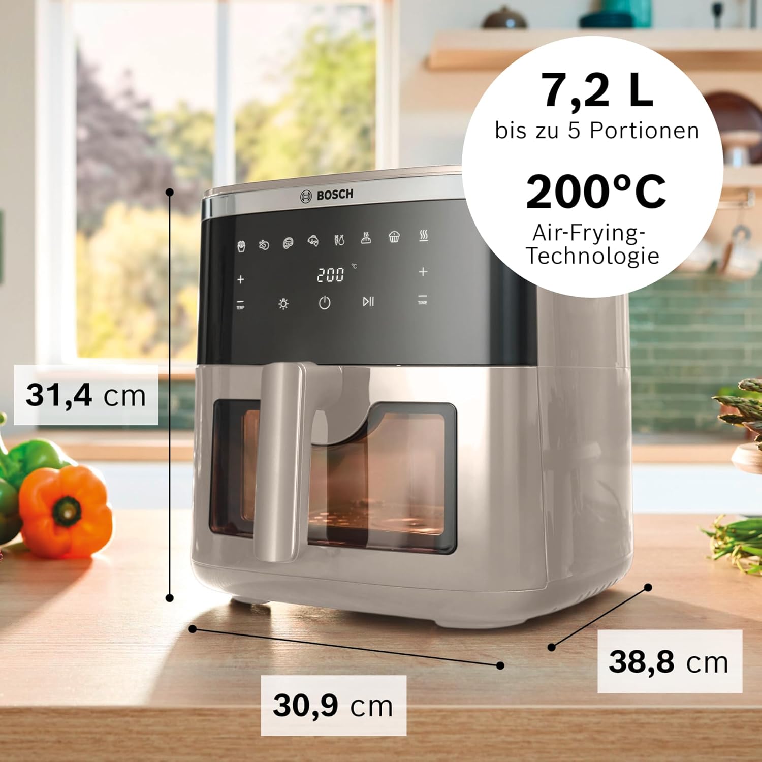 Bosch - Air Fryer Series 6, Air Fryer XXL 7.2L capacity, 7 programs and display window with light, matte beige, MAF671C0