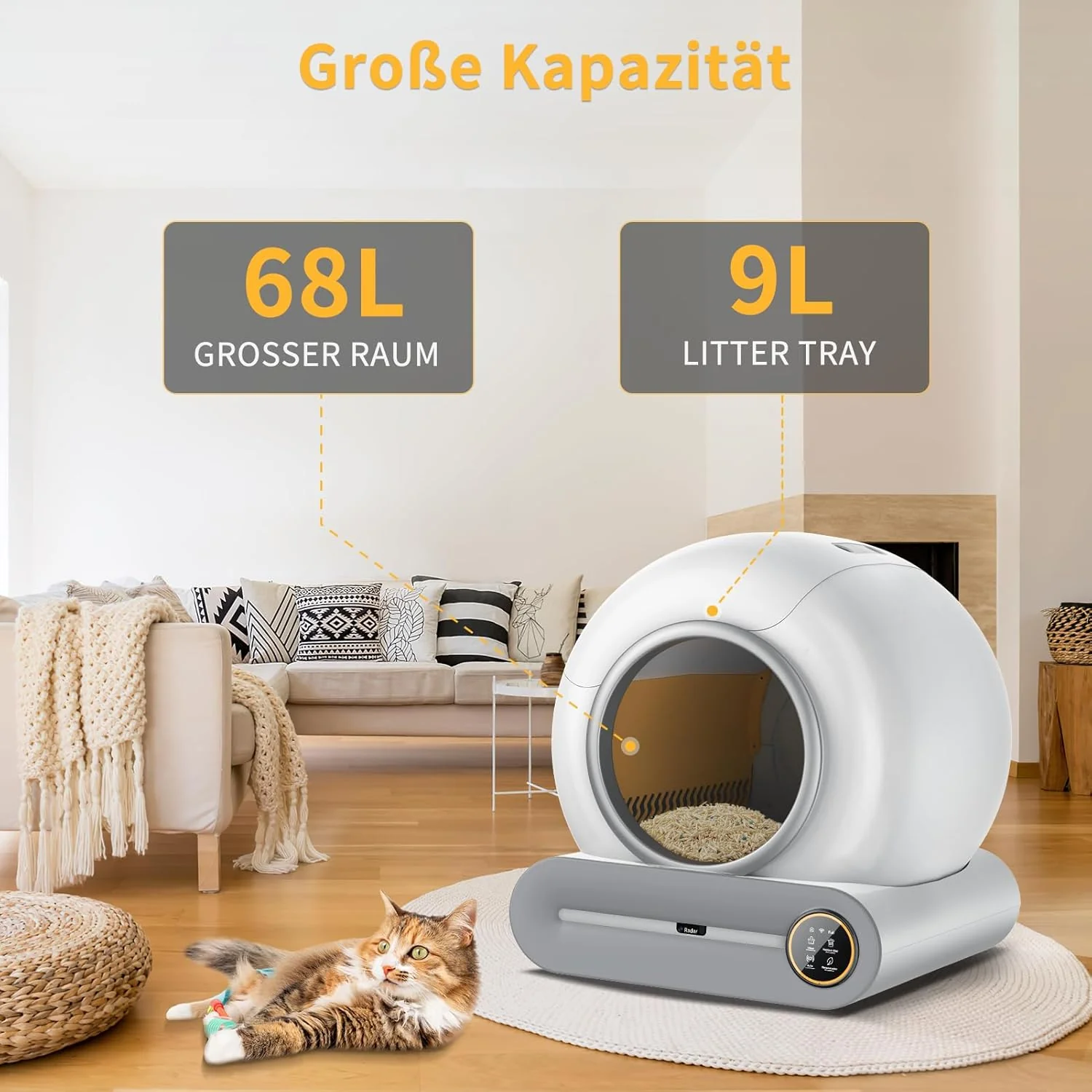 Zelfreinigende kattenbak Groot XXL 68L, Automatische kattenbak met afvalzakken, Lage instap met APP-bediening Elektrische kattenbak, voor 2 katten Zelfreinigende kattenbak