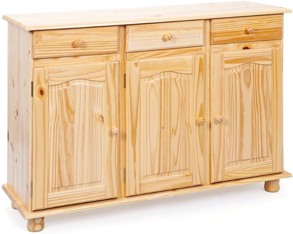Inter Link – Landhausstil Kommode – Sideboard – Sideboard Buffet – Landhausstil – Beistellschrank - Kiefer massiv – 3 Türen – 3 Schubladen – Natur lackiert - Abaco, Naturbelassen