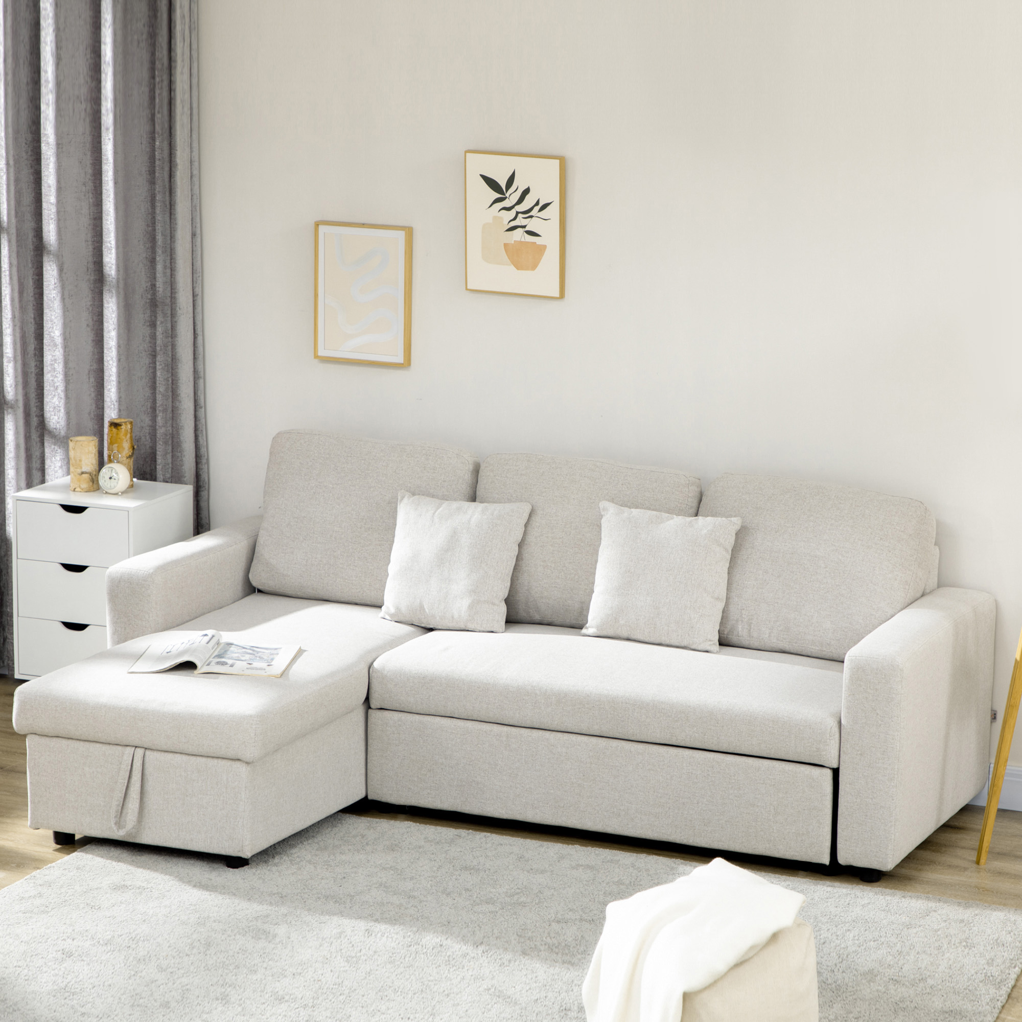 HOMCOM Slaapbank Hoekbank met Bedfunctie, inclusief 2-Zits Sofa, Eenpersoonsbed, L-vorm met Opbergruimte, 2 Kussens Crèmewit