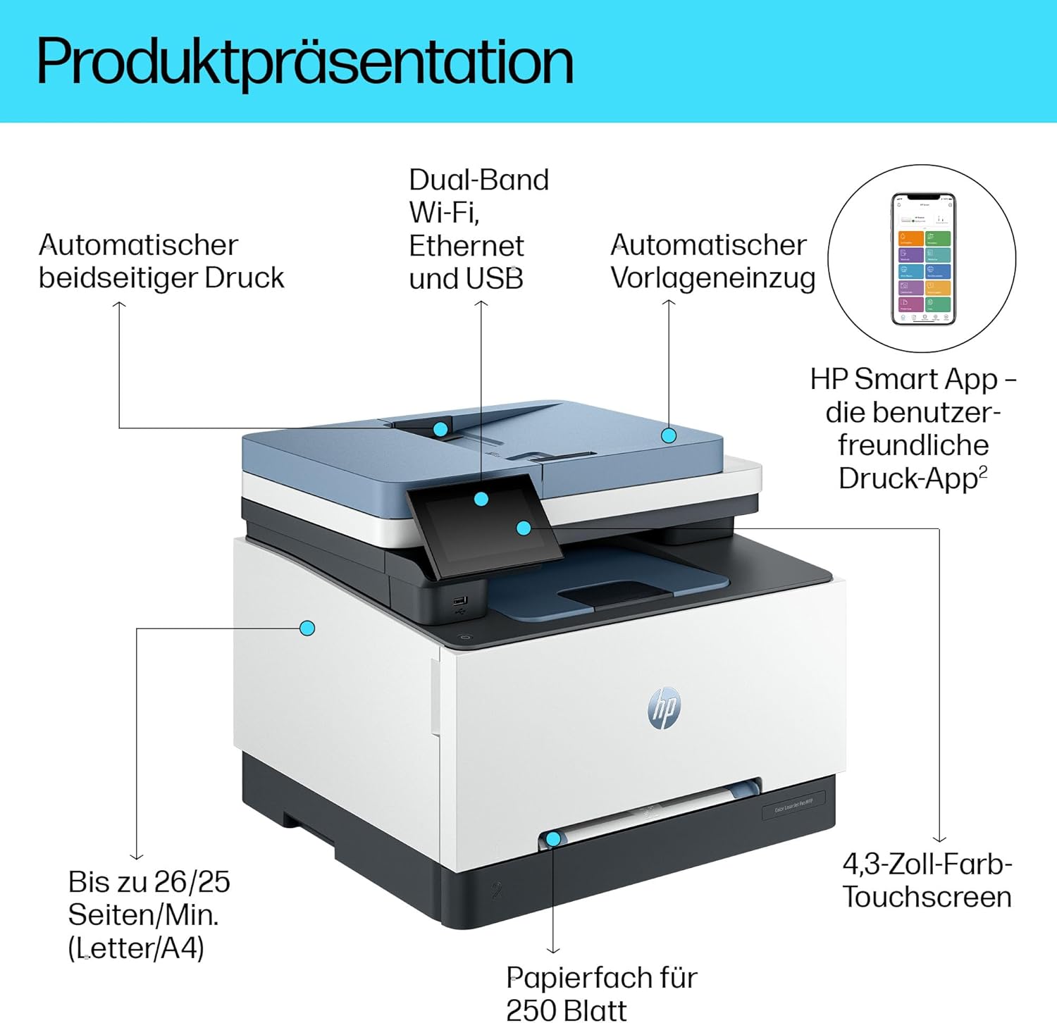 HP Color LaserJet Pro MFP 3302fdwg Multifunktions-Farblaserdrucker, Fax, Automatischer beidseitiger Druck, Touchscreen, Wi-Fi, Ethernet, USB, HP Wolf Pro Security