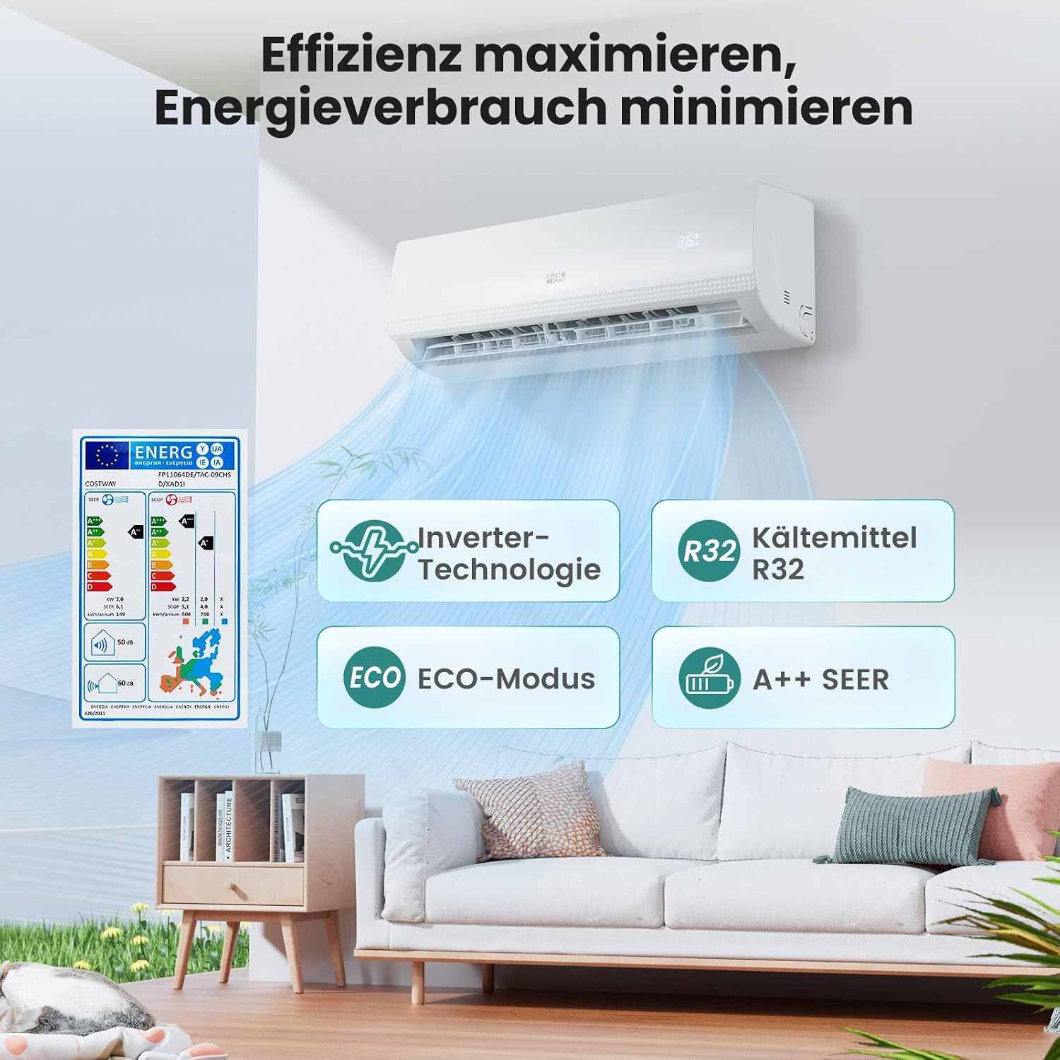 COSTWAY 9000BTU Split Klimaanlage, Klimageräte mit Heizfunktion 2,6kW, Air Conditioner Wandhalterung inkl. Kupferleitung, Kältemittel R32, sehr leise für Räume bis zu 42m³