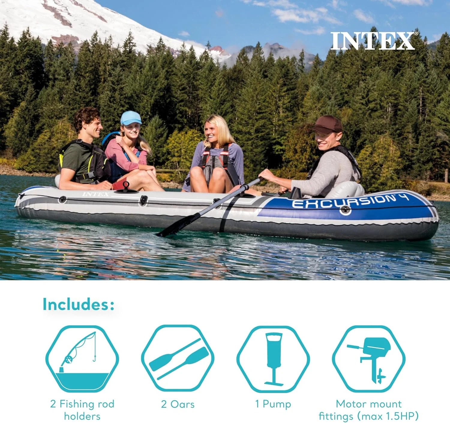 INTEX Excursion Inflatable Boat Series: Includes Deluxe 54in Boat Oars and High-Output Pump ?C SuperTough PVC ?C Adjustable Seats with Backrest ?C Fishing Rod Holders ?C Welded Oar Locks