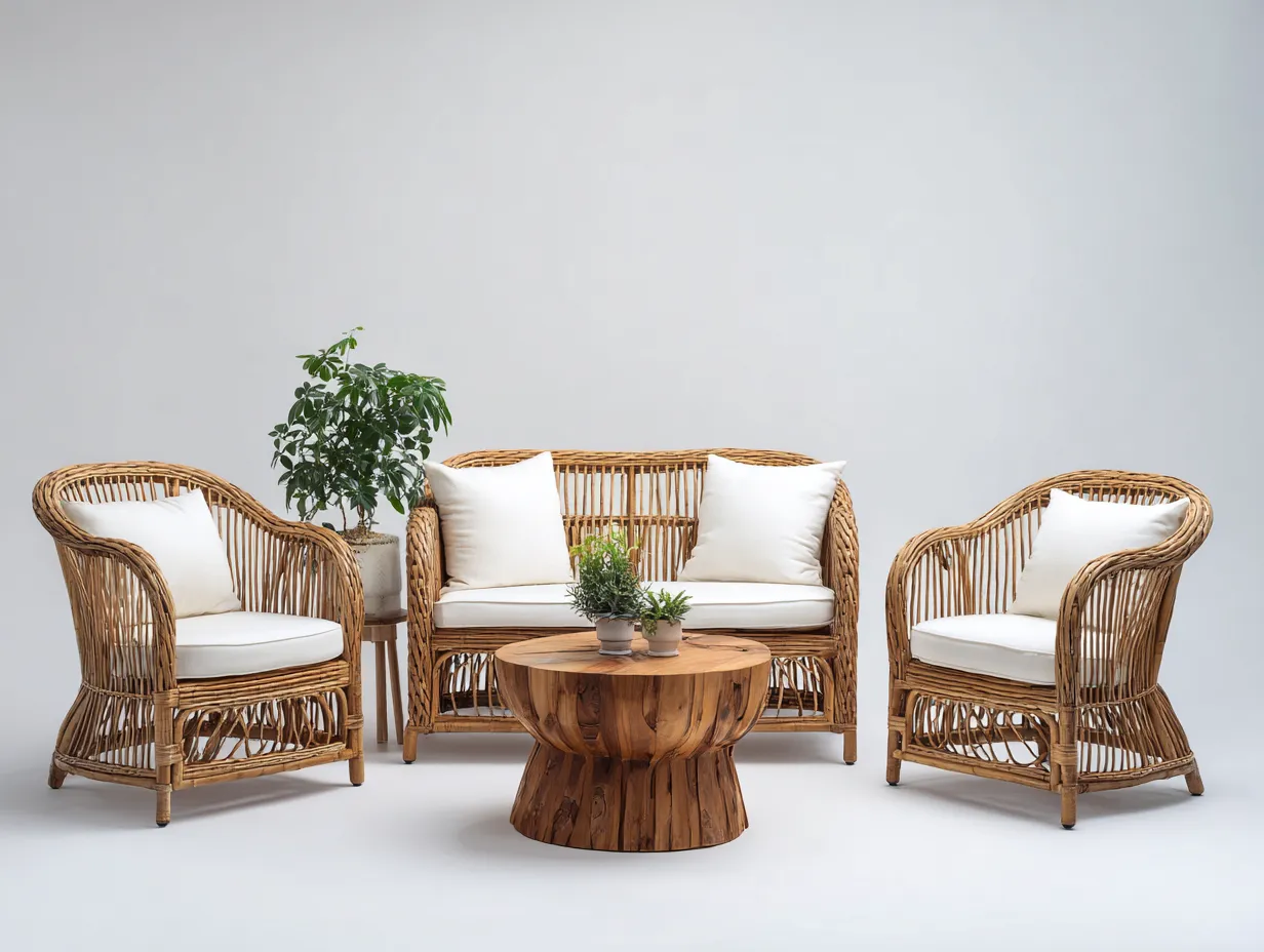 Garten Lounge Set-Rattan-Holz-150 x 75 x 82 cm-Natur-Beige-Braun-Böhmischer Stil