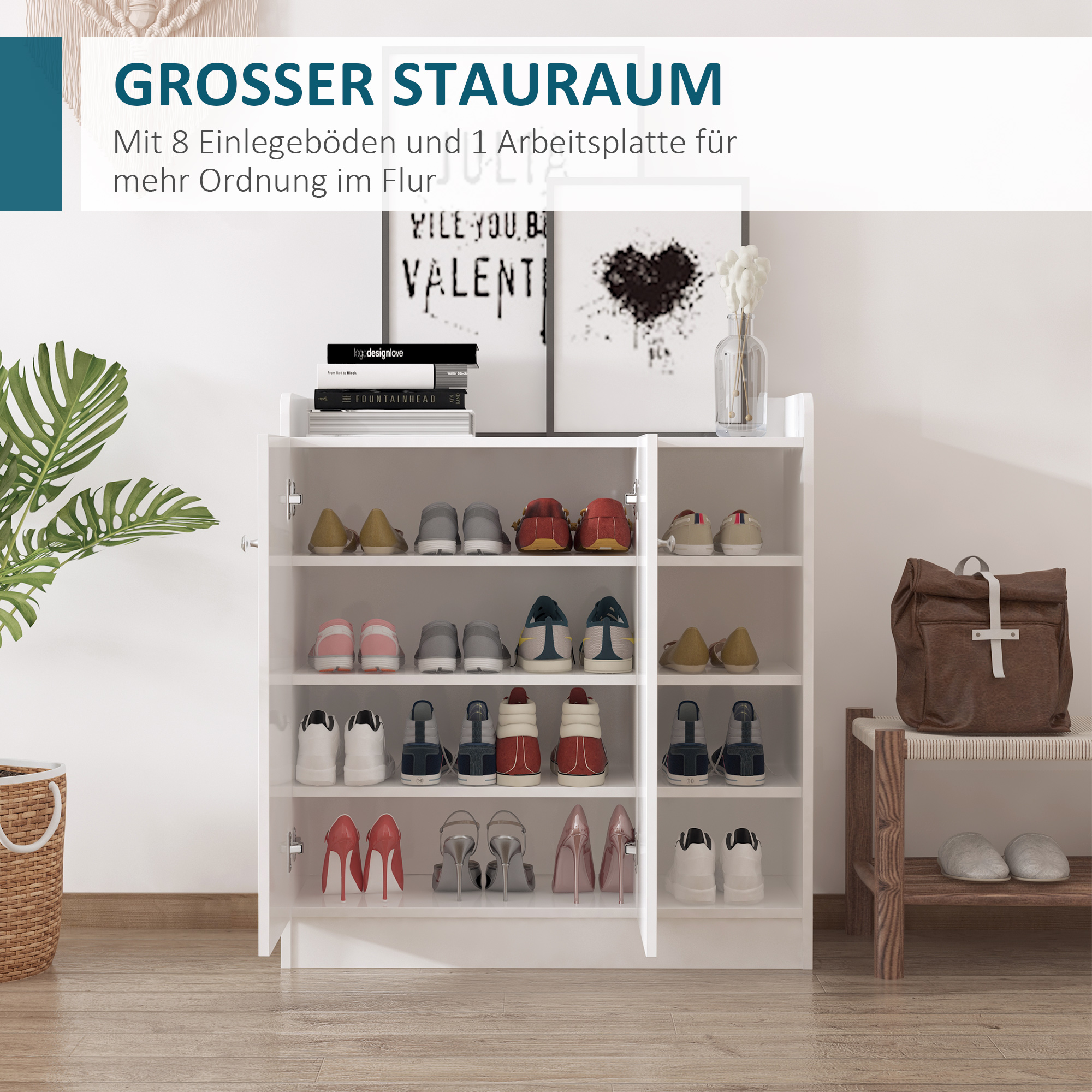 Schoenenkast Schoenencommode Schoenenrek, 4 Planken. 1 Kast, 83 cm x 30 cm x 90 cm, Wit