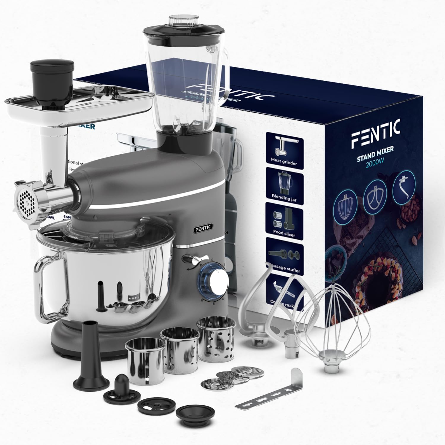 Fentic 6-in-1 Küchenmaschine – 2000W – Mit Fleischwolf, 1,5L Entsafter, Gemüseschneider und Mehr – Knetmaschine mit 6,2L Rührschüssel, Rührhaken, Knethaken, Schlagbesen und Spritzschutz (Schwarz)