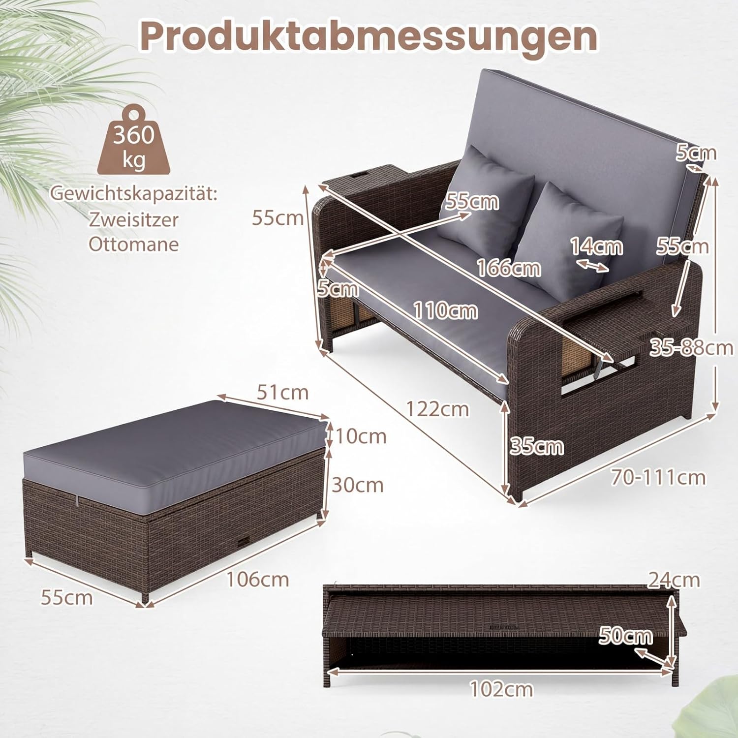 COSTWAY 3 in 1 Polyrattan Sonnenliege, Gartenliege mit Verstellbarer Rückenlehne & Seitenablagen, Loungebett, Doppelliege mit Kissen, Gartensofa mit Liegefunktion, Hocker & Stauraum (Grau)