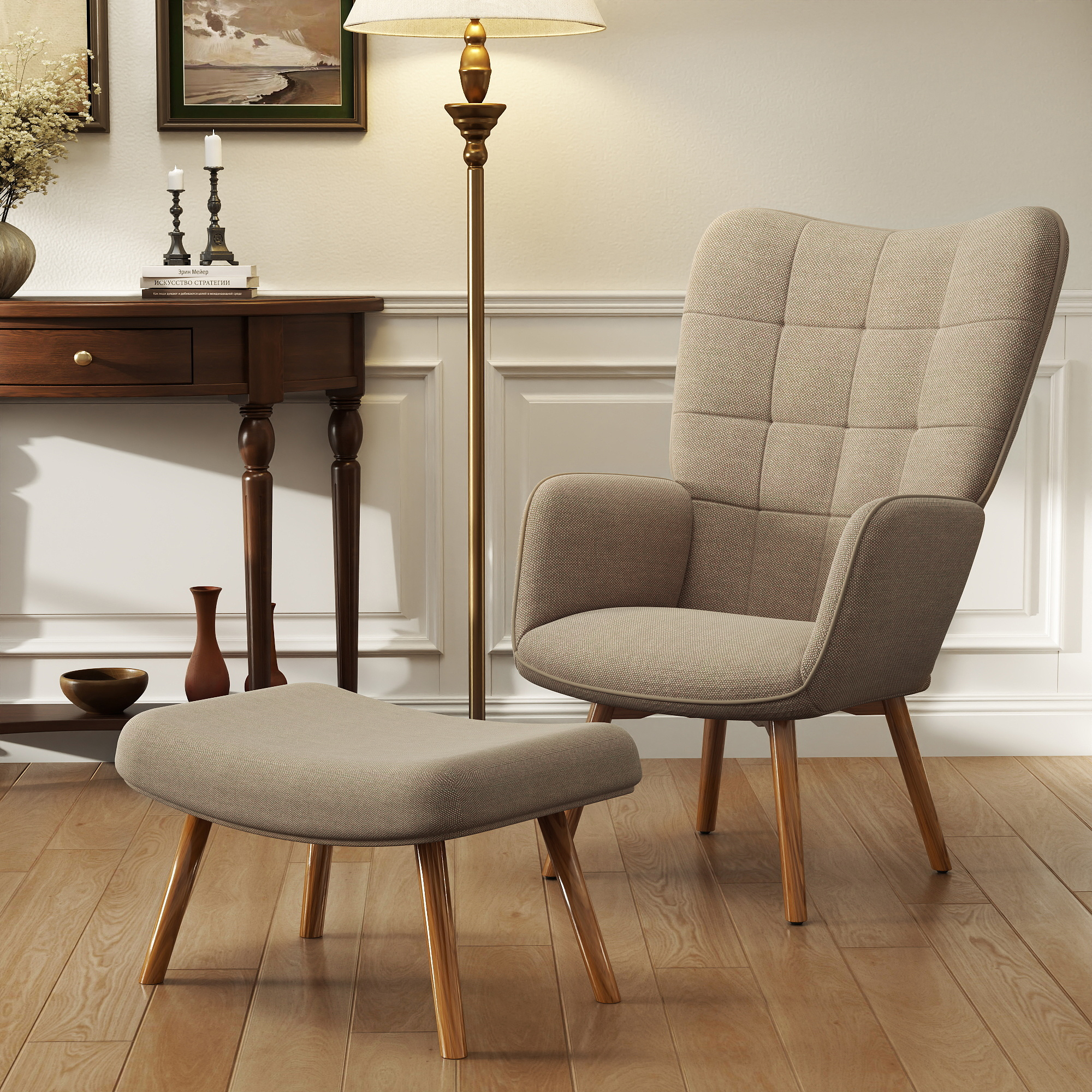 Accentfauteuil in Scandinavisch ontwerp, Oorfauteuil, Stoelset, Beukenhout, Corduroy-Look, Bruin