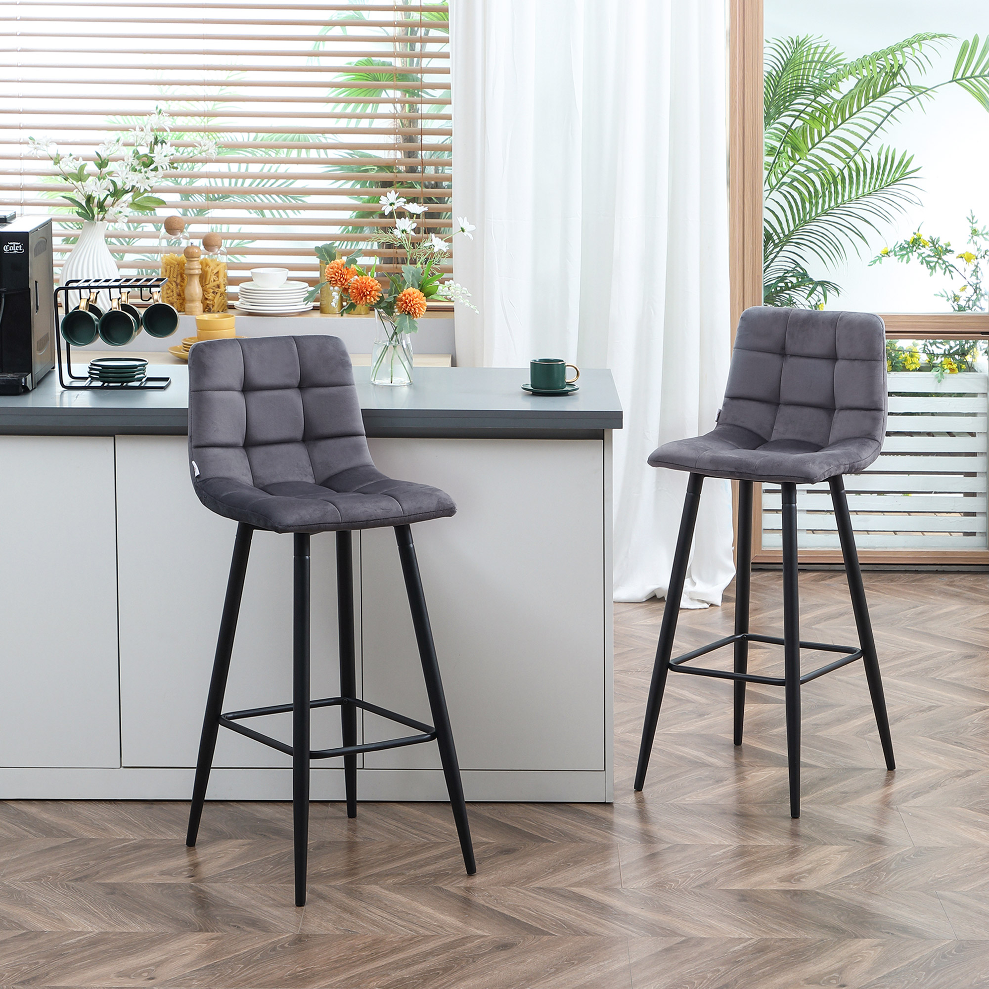 set van 2 barkrukken met voetsteun in retrodesign, grijs, 42 cm x 47 cm x 105 cm