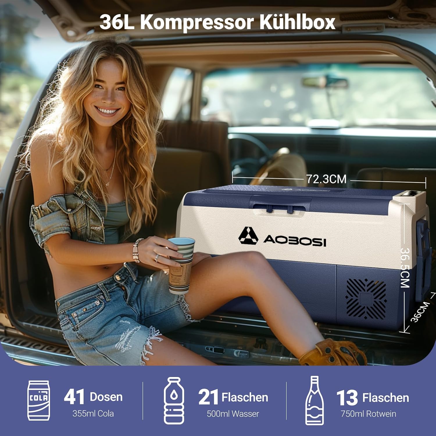 AAOBOSI Compressor Cool Box 36 L, Cool Box Car with WiFi App Control, 12/24 V and 100-240 V Electric Cool Box, up to -20 °C for Car, Truck, Boat, Motorhome, Camping, Double Zone