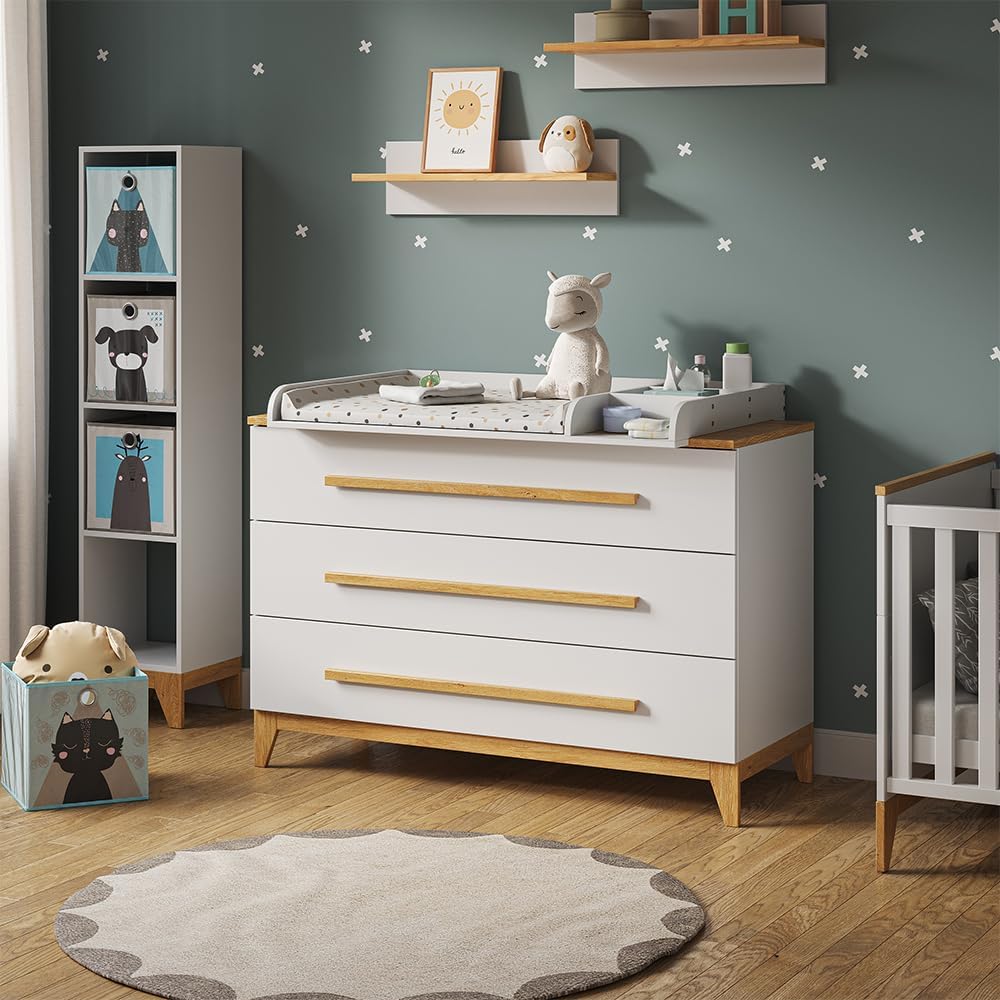 VitaliSpa Wickelkommode Malia, Weiß/Eiche, 133 x 98 cm XL mit 3 Schubladen