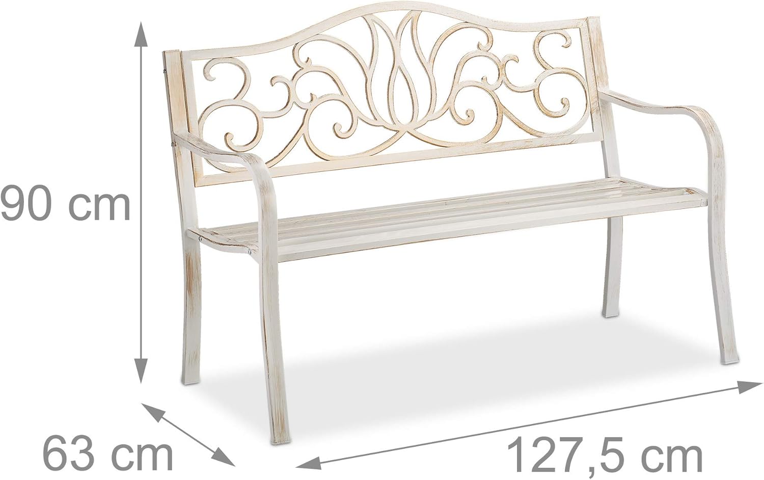 Relaxdays Gartenbank Antik für 2 Personen, Balkon, Terrasse, Premium Rostschutz, Metallbank 90x127,5x63 cm, weiß-bronze