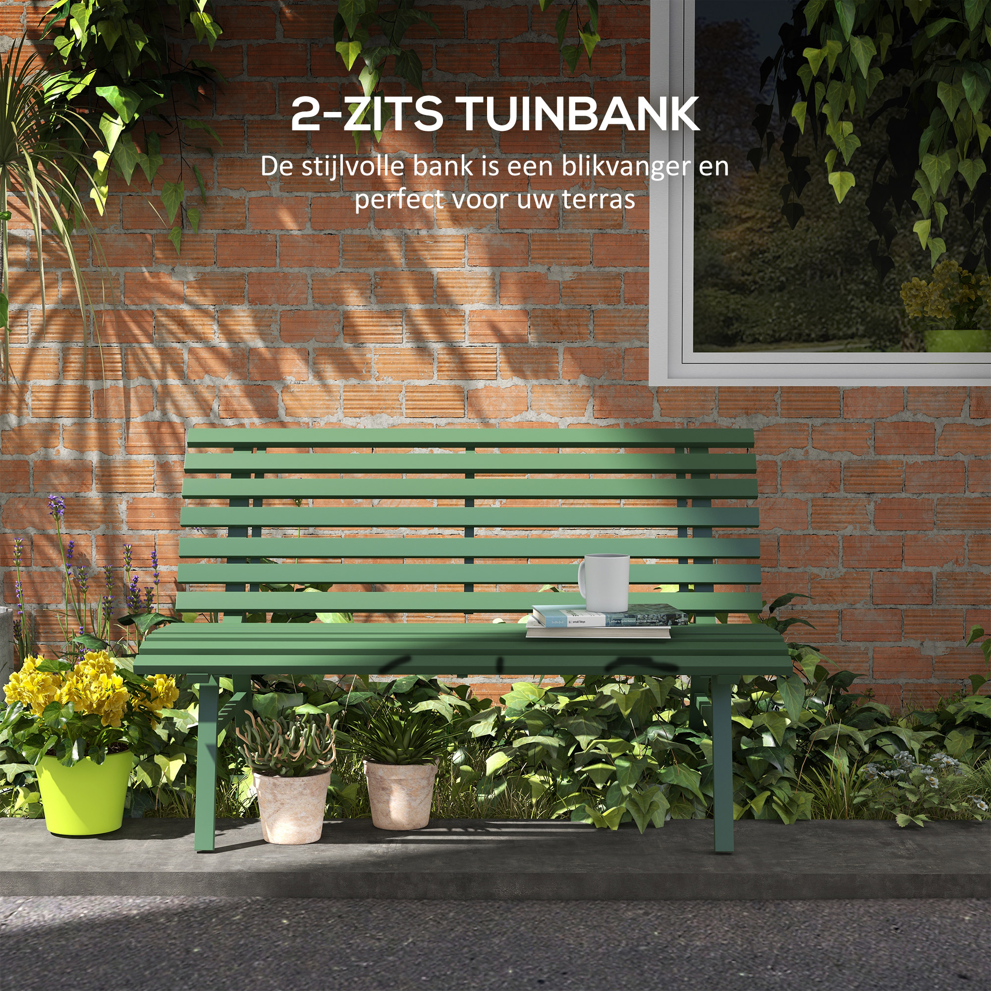 Outsunny Groene Tuinbank, Parkbank, Zitbank in Latdesign, Weerbestendig, Aluminium, 123 x 67 x 79 cm