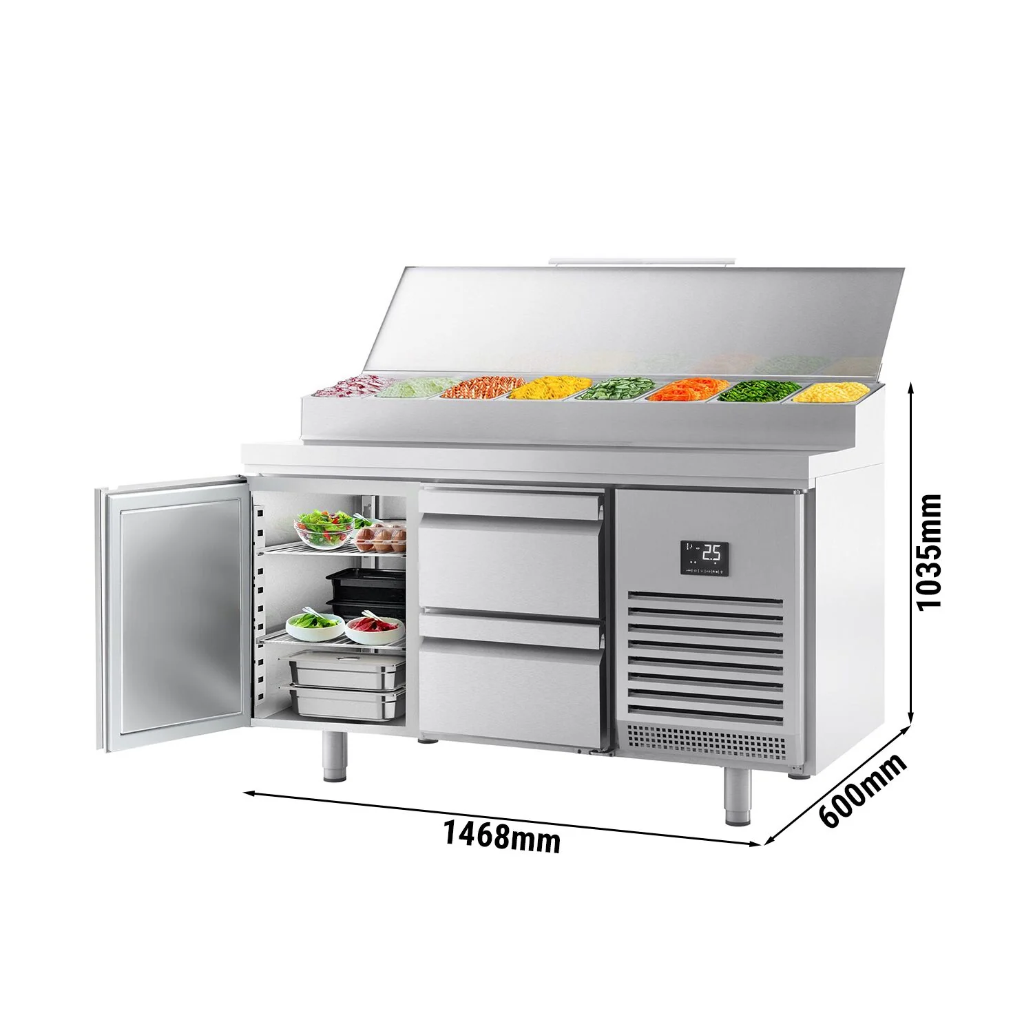 Saladette - 1468x600 mm - 1 dør og 2 skuffer - med lokk - for 8x GN 1/4 beholdere