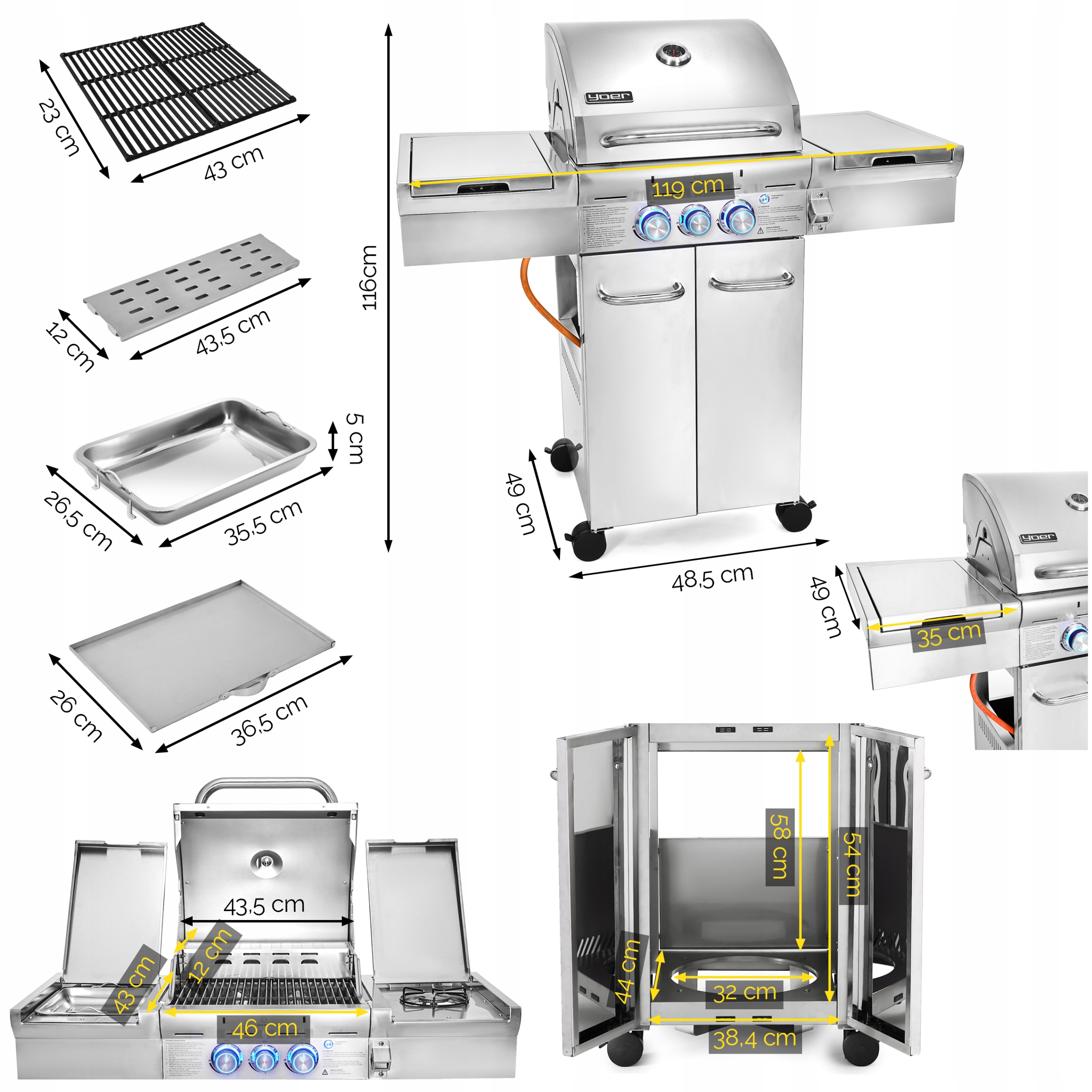 Grill gazowy Ogrodowy ŻELIWNY nierdzewny Yoer 2+1 +10,15 kW +szafa na butlę