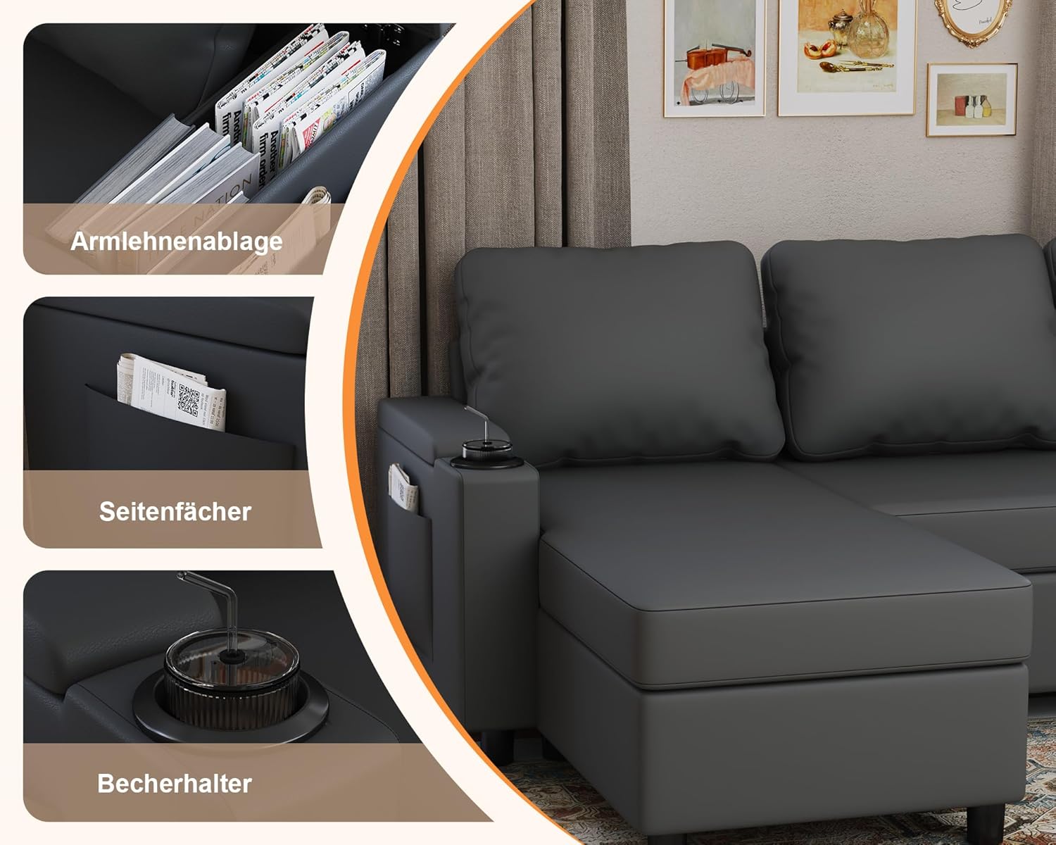 Devoko Ecksofa mit Schlaffunktion und Bettkasten L-Form Sofa 3-Sitzer Ausziehbares Schlafsofa Leder Couch Kleines Schlafcouch für Wohnung und Wohnzimmer, Schwarz