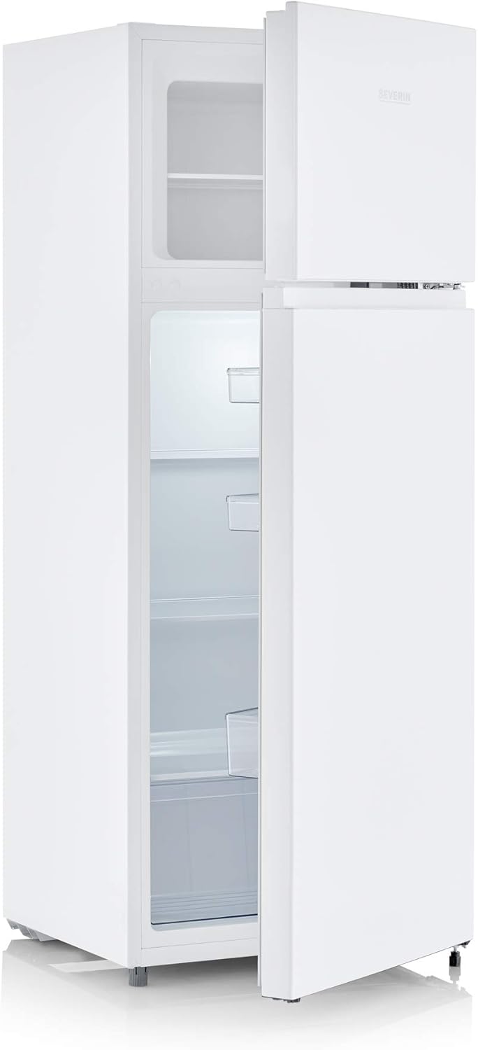 SEVERIN Doppeltür-Kühl-/Gefrierschrank, 2 x höhenverstellbare Abstellflächen, große Veggiebox, extrem leise - 40 dB, 206 L Nutzinhalt, weiß, DT 8760