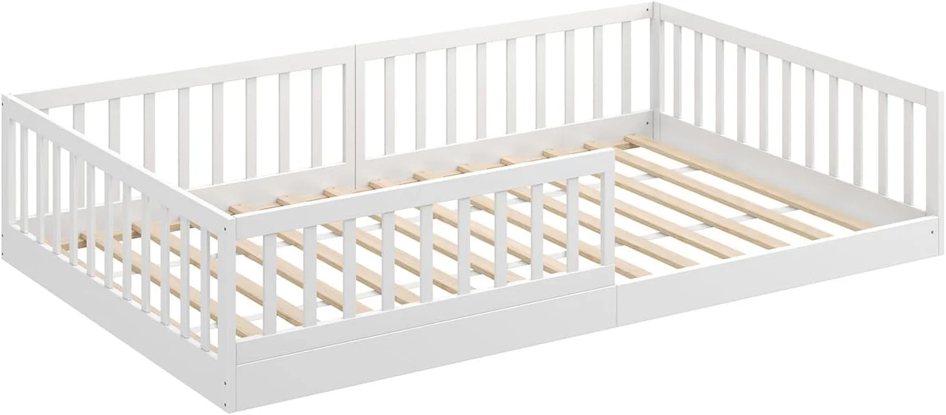 CADANI Timi 2-in-1 Vloerbed 140x200 cm Montessori Kinderbed met uitneembare valbeveiliging incl. lattenbodem, massief grenenhout, wit - 3 opbouwmogelijkheden, belastbaar tot 200 kg, ombouwbaar
